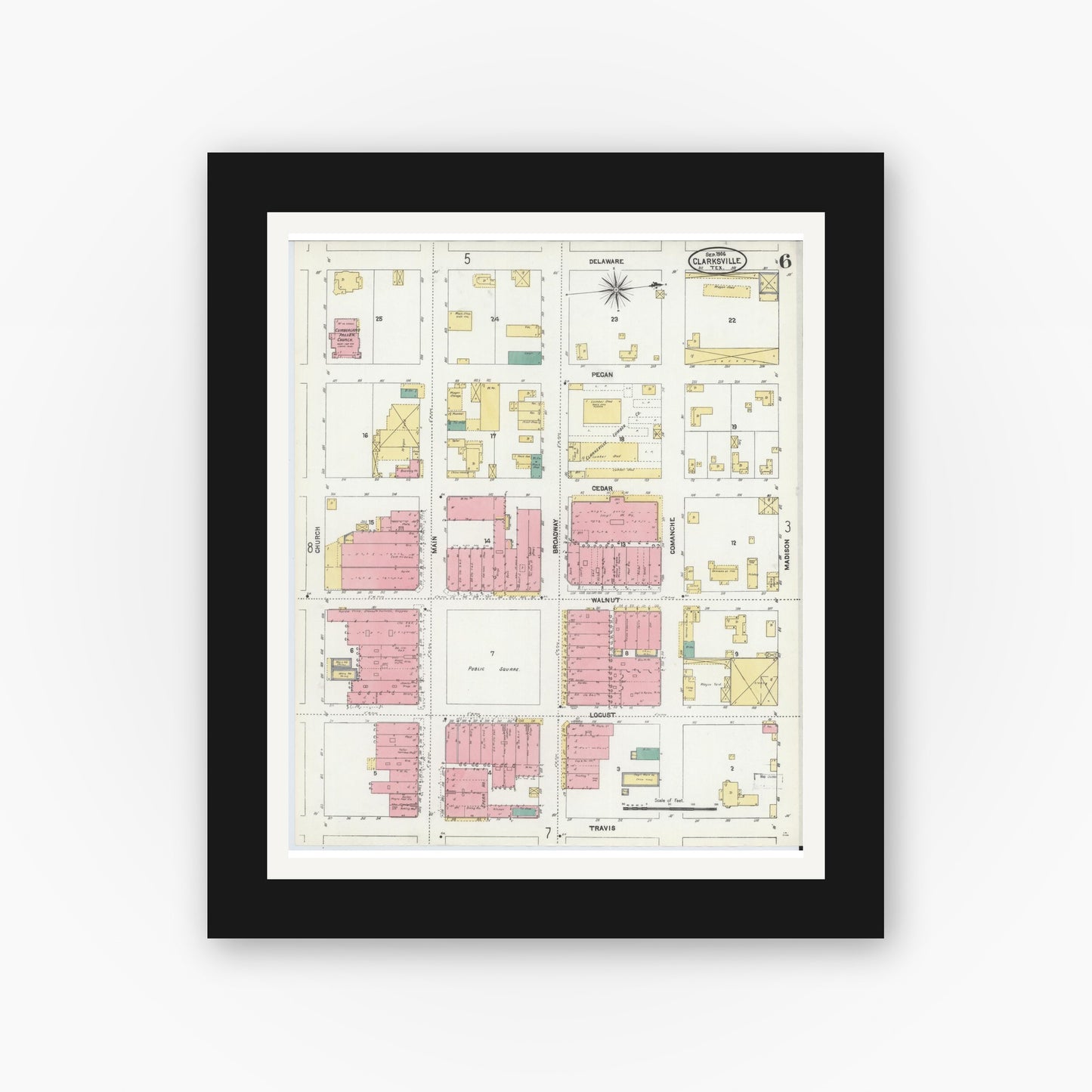 Old map wall art mockup — black gallery frame with white mat — Sanborn Fire Insurance Map from Clarksville, Red River County, Texas (1906), Sheet #0006