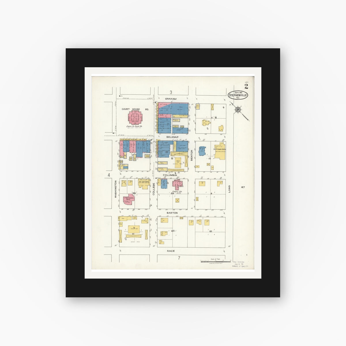 Old map wall art mockup — black gallery frame with white mat — Sanborn Fire Insurance Map from Stephenville, Erath County, Texas (1921), Sheet #0002