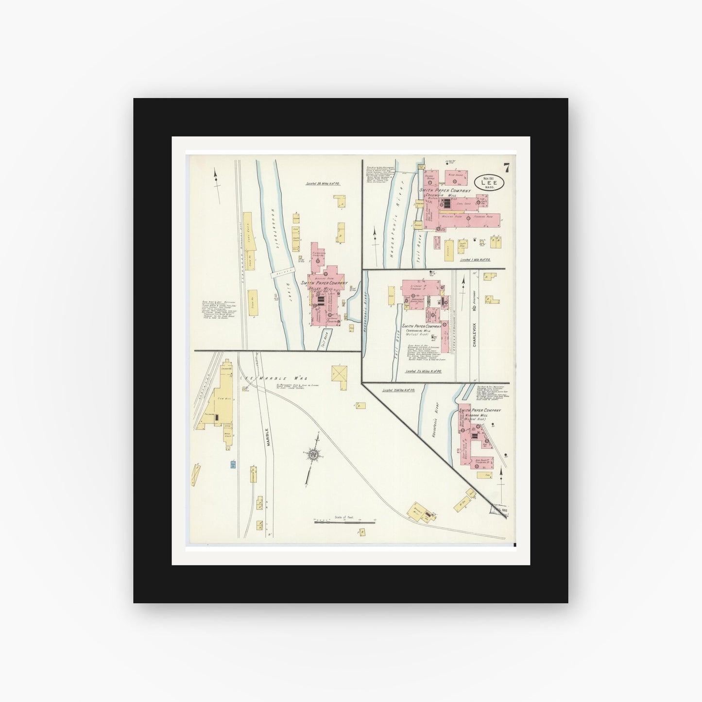 Old map wall art mockup — black gallery frame with white mat — Sanborn Fire Insurance Map from Lee, Berkshire County, Massachusetts (1911), Sheet #0007