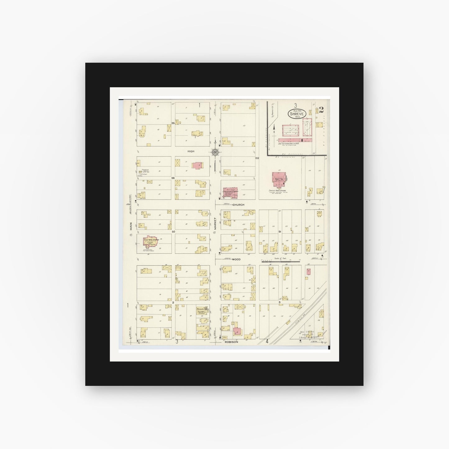 Old map wall art mockup — black gallery frame with white mat — Sanborn Fire Insurance Map from Shreve, Wayne County, Ohio (1913), Sheet #0002
