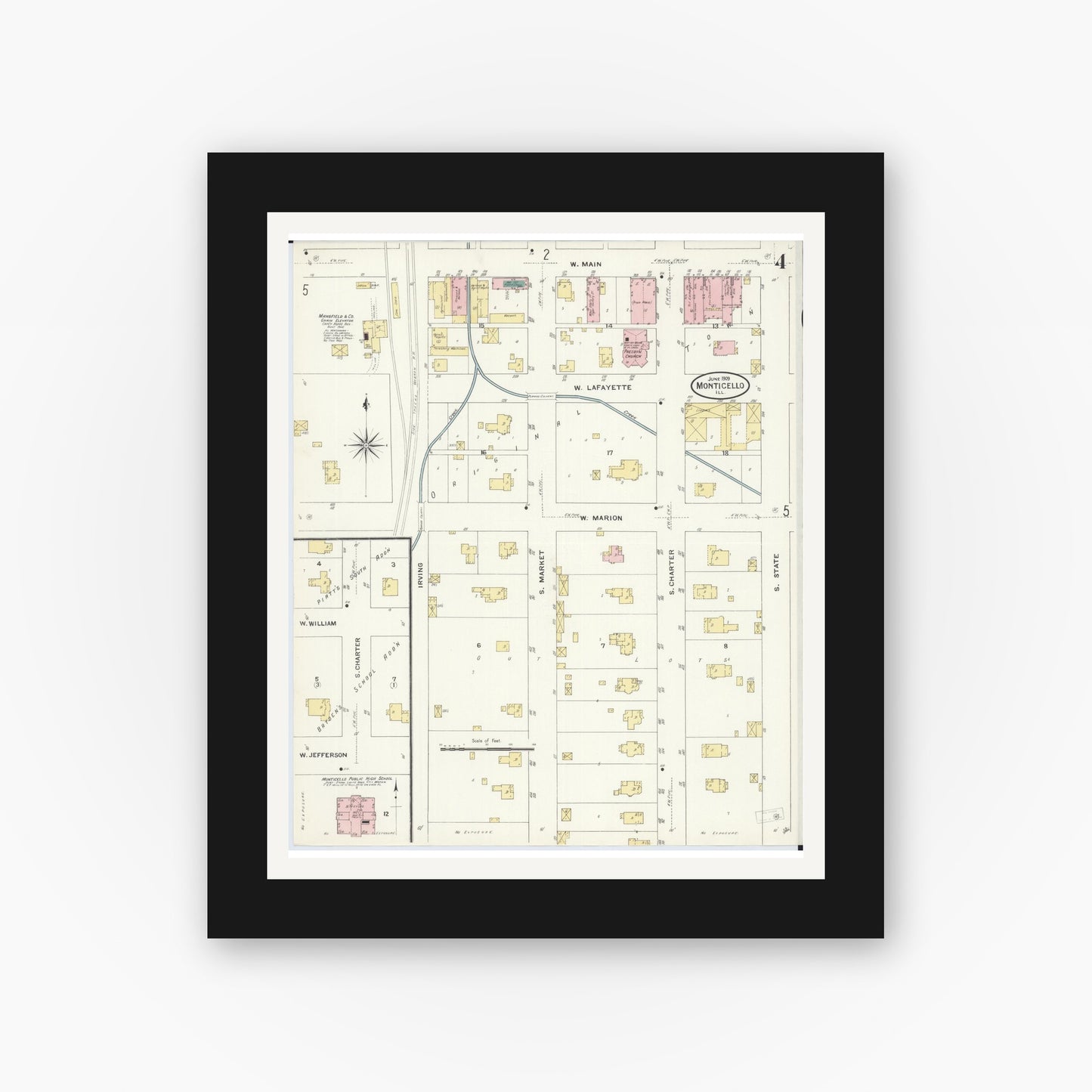 Old map wall art mockup — black gallery frame with white mat — Sanborn Fire Insurance Map from Monticello, Piatt County, Illinois (1909), Sheet #0004