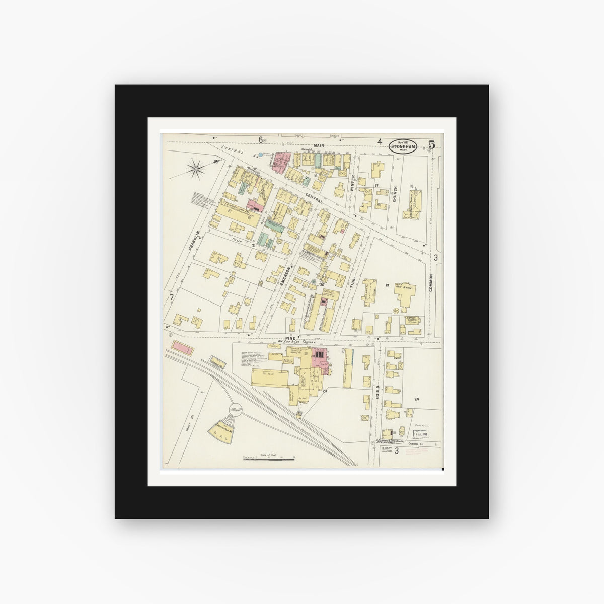 Old map wall art mockup — black gallery frame with white mat — Sanborn Fire Insurance Map from Stoneham, Middlesex County, Massachusetts (1897), Sheet #0005