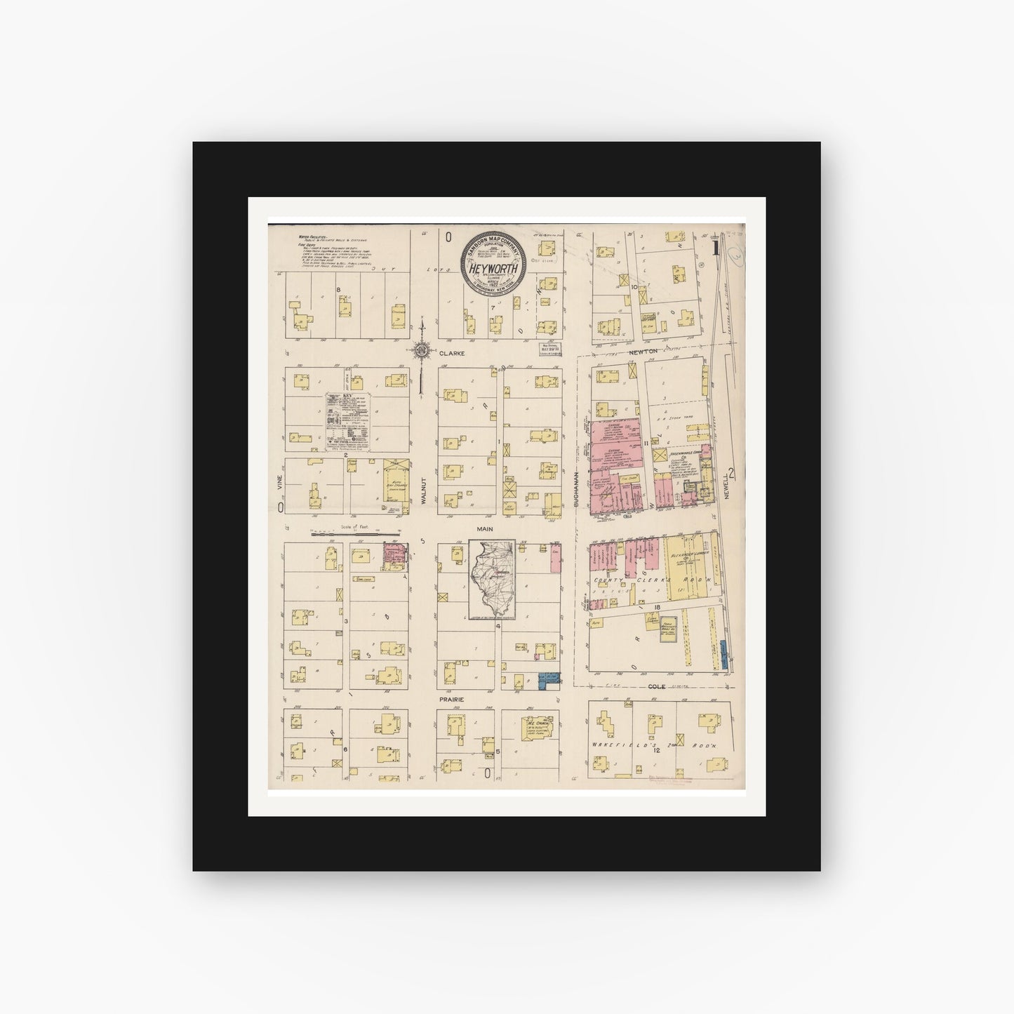Old map wall art mockup — black gallery frame with white mat — Sanborn Fire Insurance Map from Heyworth, McLean County, Illinois (1922), Sheet #0001