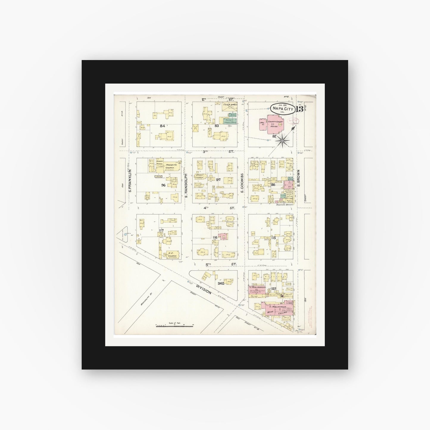Old map wall art mockup — black gallery frame with white mat — Sanborn Fire Insurance Map from Napa, Napa County, California (1891), Sheet #0013