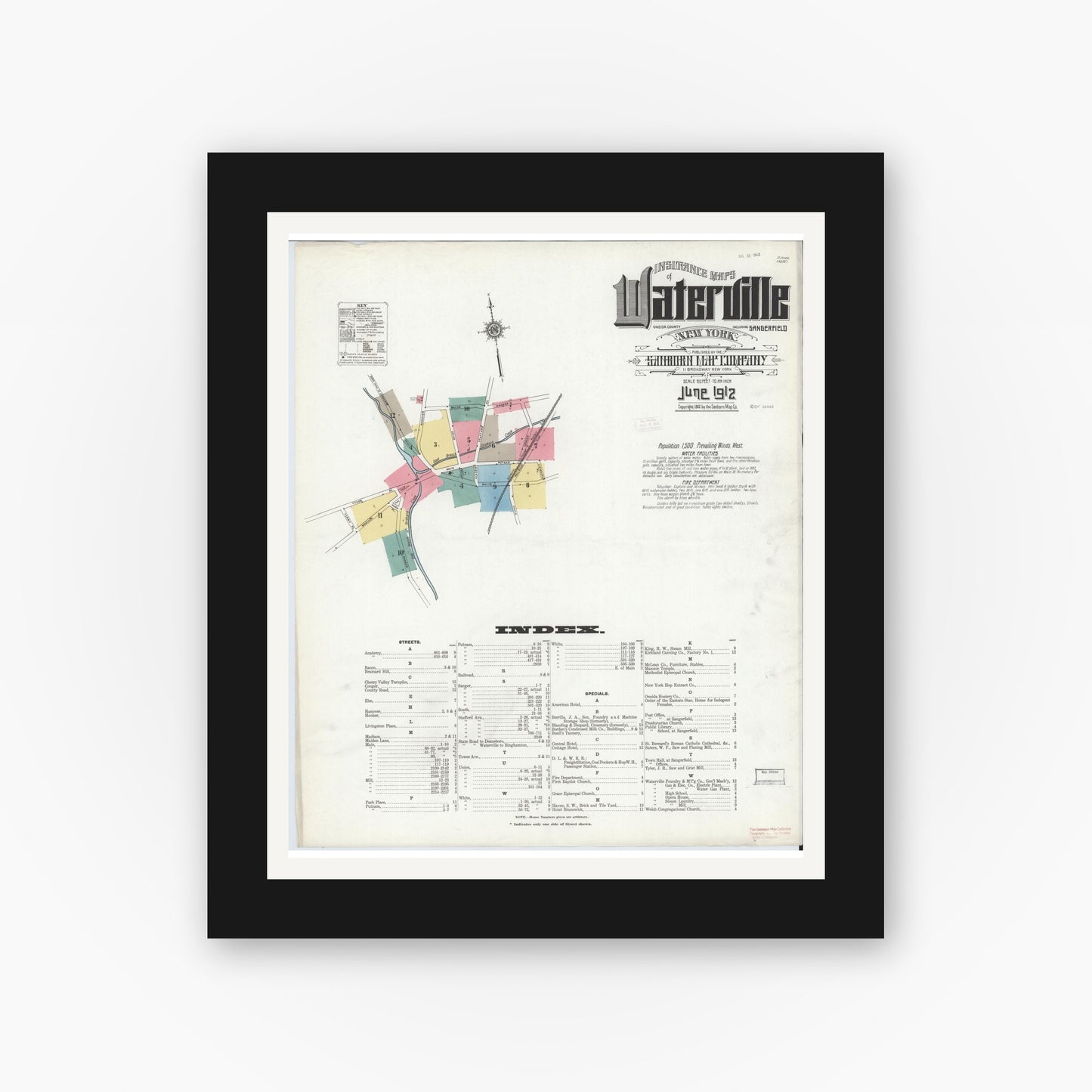Old map wall art mockup — black gallery frame with white mat — Sanborn Fire Insurance Map from Waterville, Oneida County, New York (1912) - Complete Map Set