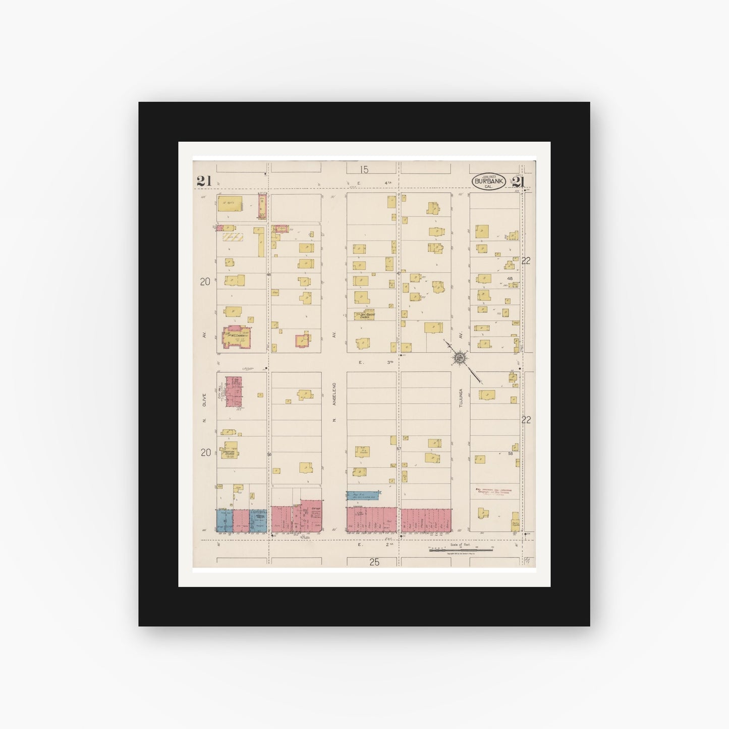 Old map wall art mockup — black gallery frame with white mat — Sanborn Fire Insurance Map from Burbank, Los Angeles County, California (1923), Sheet #0021