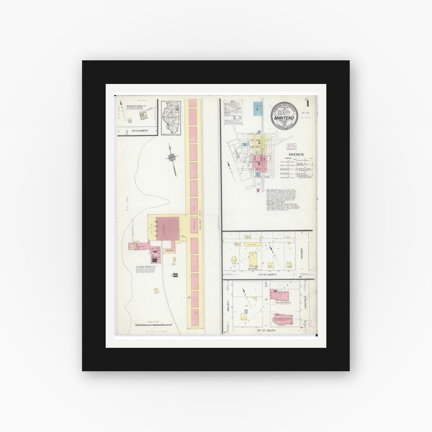 Old map wall art mockup — black gallery frame with white mat — Sanborn Fire Insurance Map from Manteno, Kankakee County, Illinois (1914), Sheet #0001