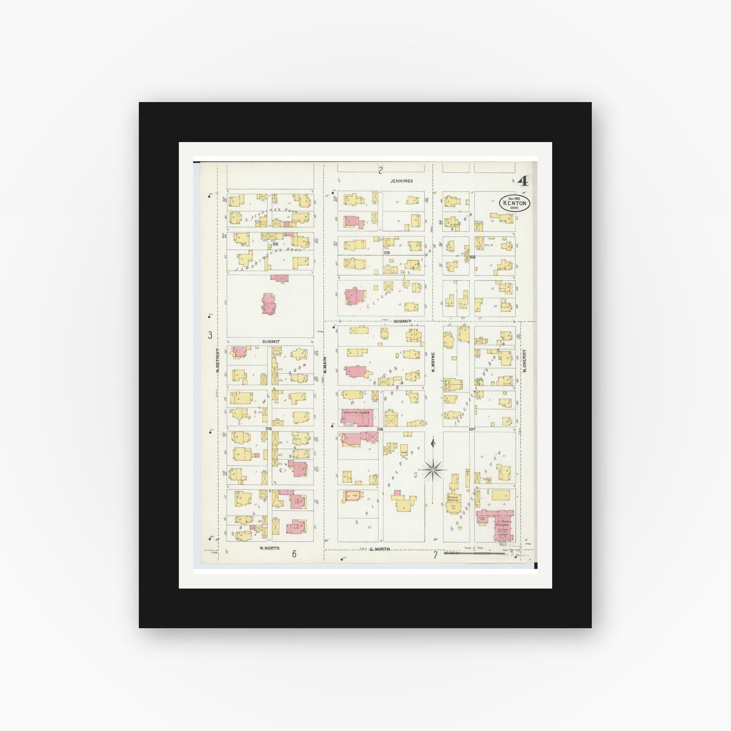 Old map wall art mockup — black gallery frame with white mat — Sanborn Fire Insurance Map from Kenton, Hardin County, Ohio (1902), Sheet #0004
