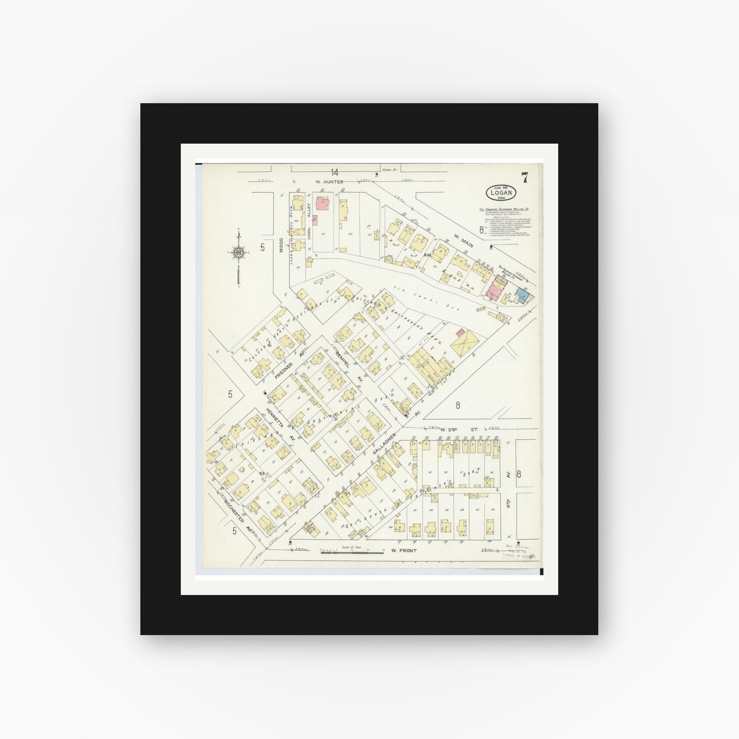 Old map wall art mockup — black gallery frame with white mat — Sanborn Fire Insurance Map from Logan, Hocking County, Ohio (1914), Sheet #0007