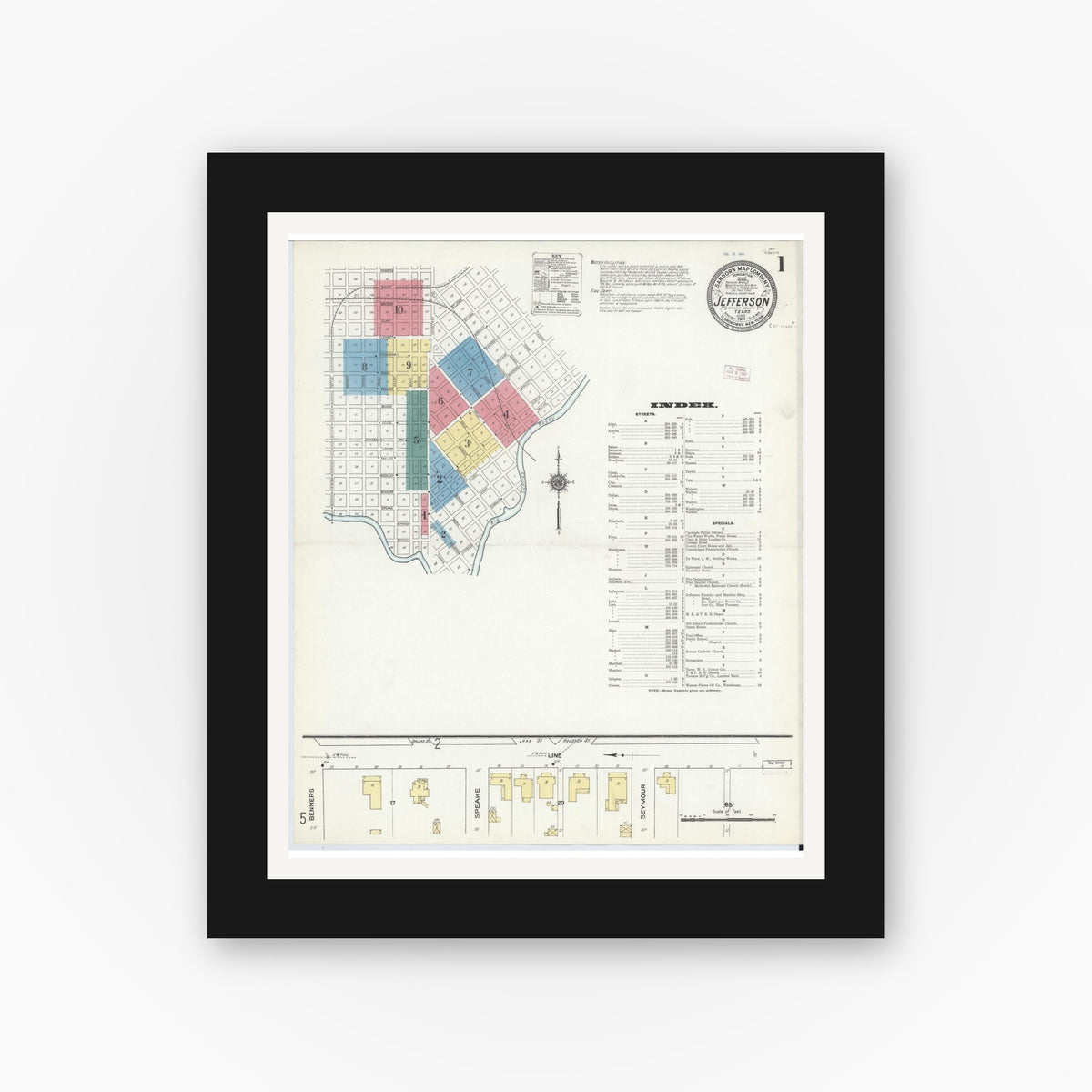 Old map wall art mockup — black gallery frame with white mat — Sanborn Fire Insurance Map from Jefferson, Marion County, Texas (1911) - Complete Map Set