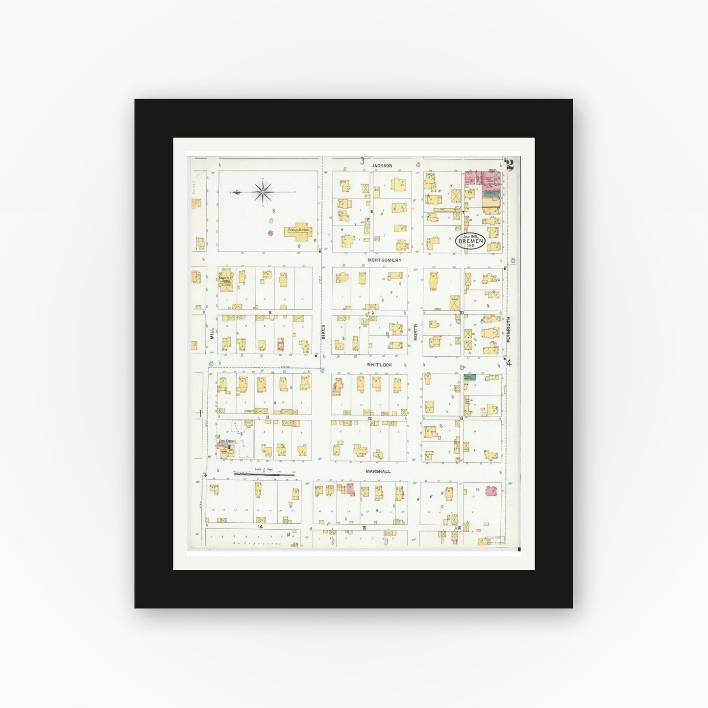 Old map wall art mockup — black gallery frame with white mat — Sanborn Fire Insurance Map from Bremen, Marshall County, Indiana (1905), Sheet #0002