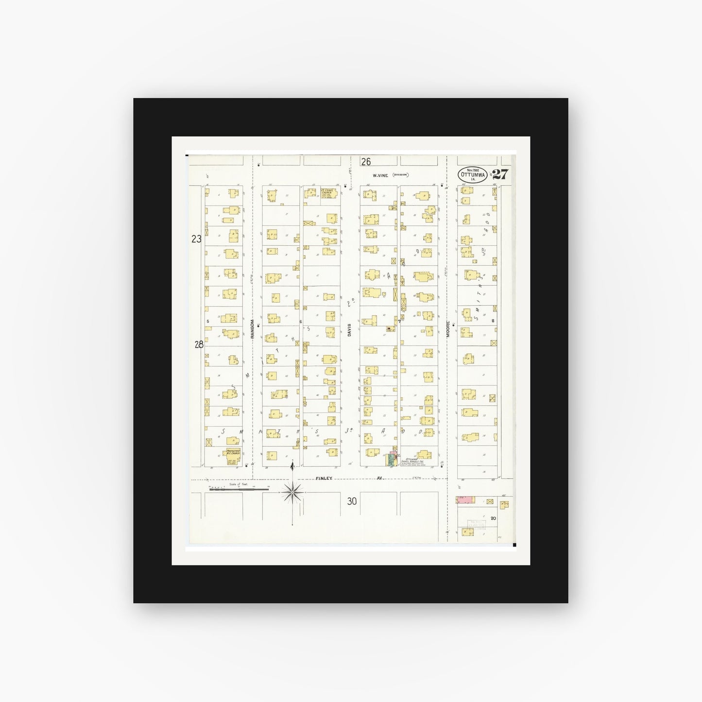 Old map wall art mockup β black gallery frame with white mat β Sanborn Fire Insurance Map from Ottumwa, Wapello County, Iowa (1902), Sheet #0027