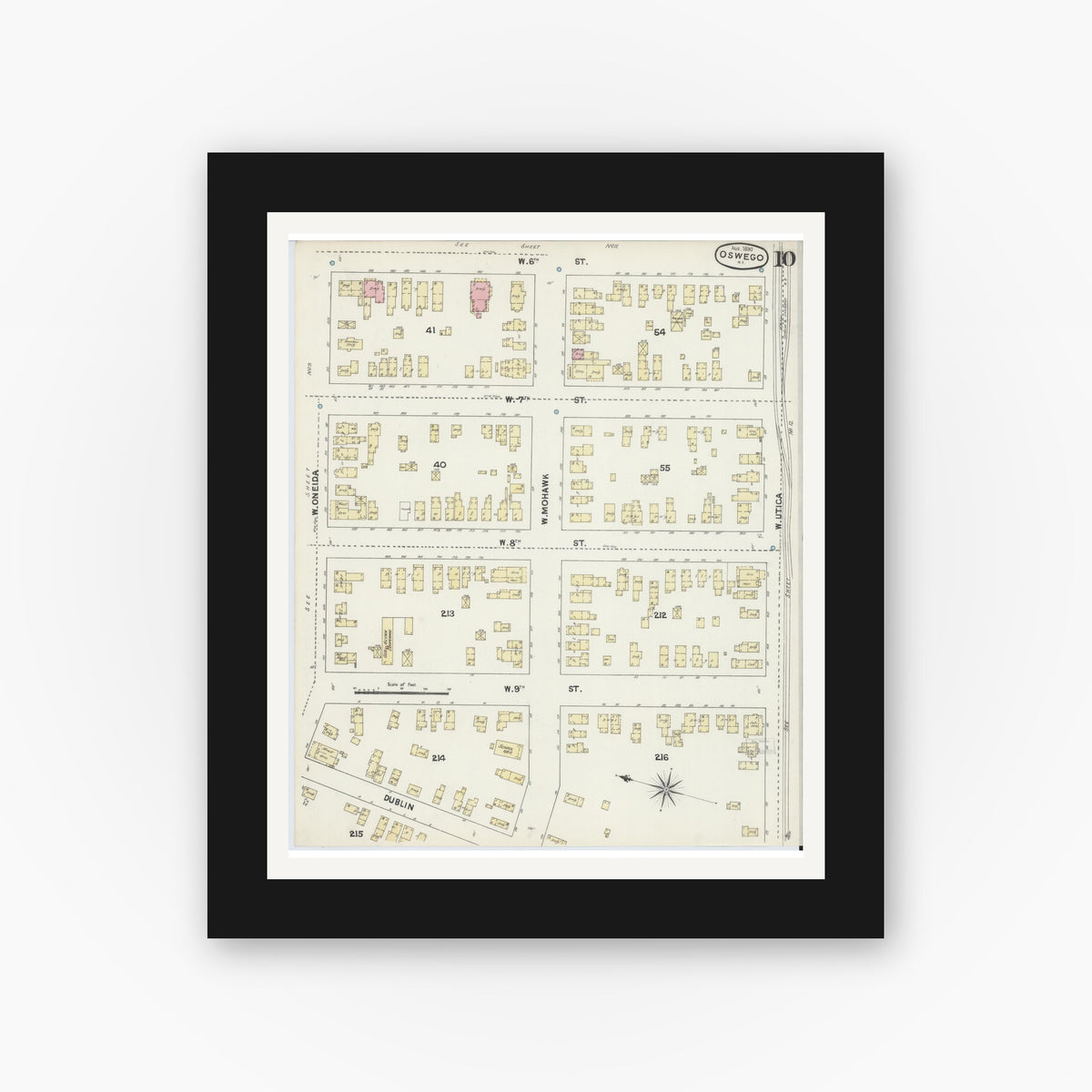 Old map wall art mockup — black gallery frame with white mat — Sanborn Fire Insurance Map from Oswego, Oswego County, New York (1890), Sheet #0010