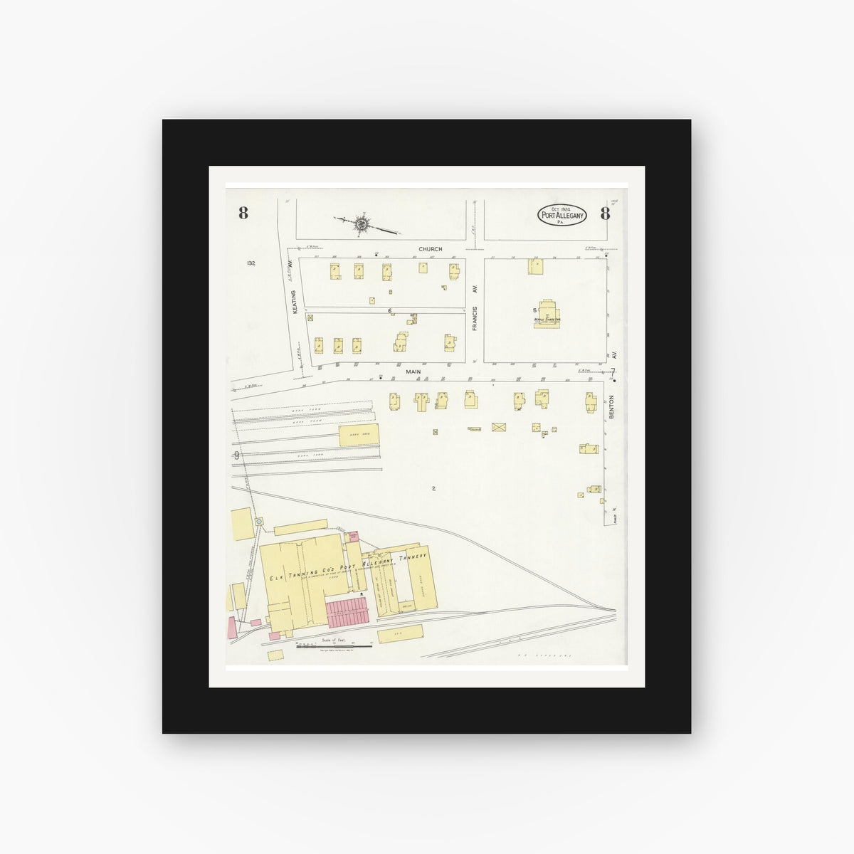 Old map wall art mockup — black gallery frame with white mat — Sanborn Fire Insurance Map from Port Allegany, McKean County, Pennsylvania (1924), Sheet #0008
