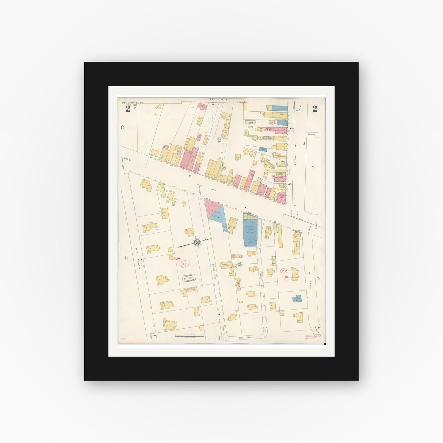 Old map wall art mockup — black gallery frame with white mat — Sanborn Fire Insurance Map from Easthampton, Suffolk County, New York (1943), Sheet #0002