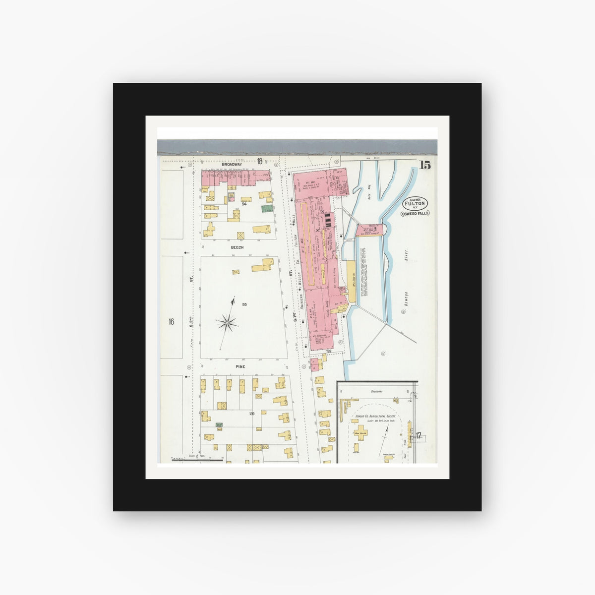 Old map wall art mockup — black gallery frame with white mat — Sanborn Fire Insurance Map from Fulton, Oswego County, New York (1901), Sheet #0015