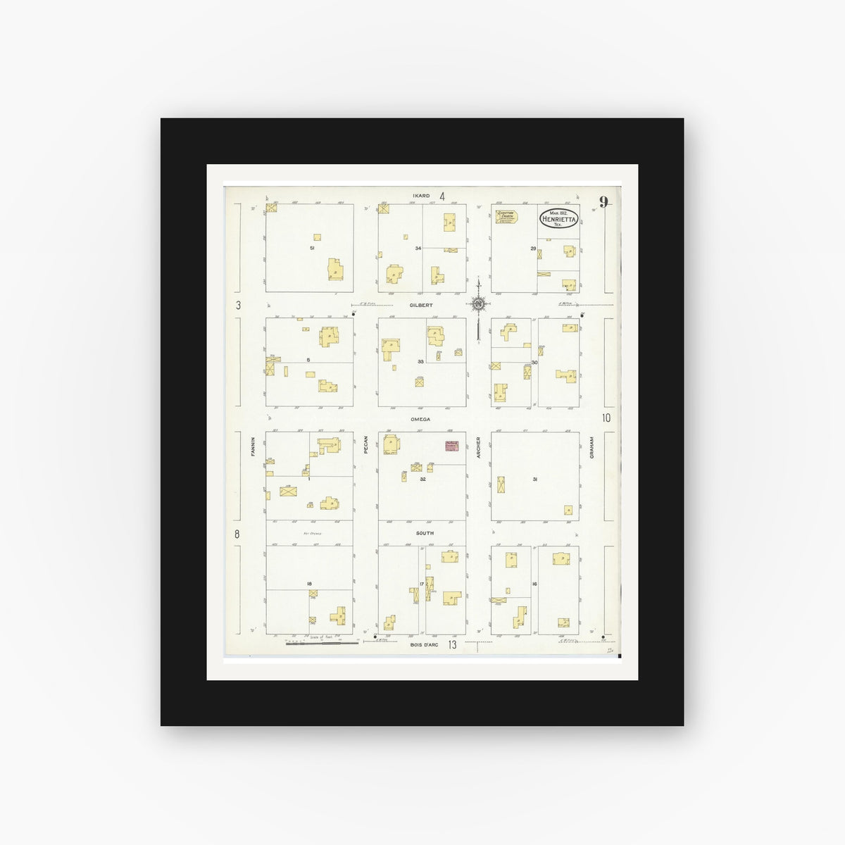 Old map wall art mockup — black gallery frame with white mat — Sanborn Fire Insurance Map from Henrietta, Clay County, Texas (1912), Sheet #0009