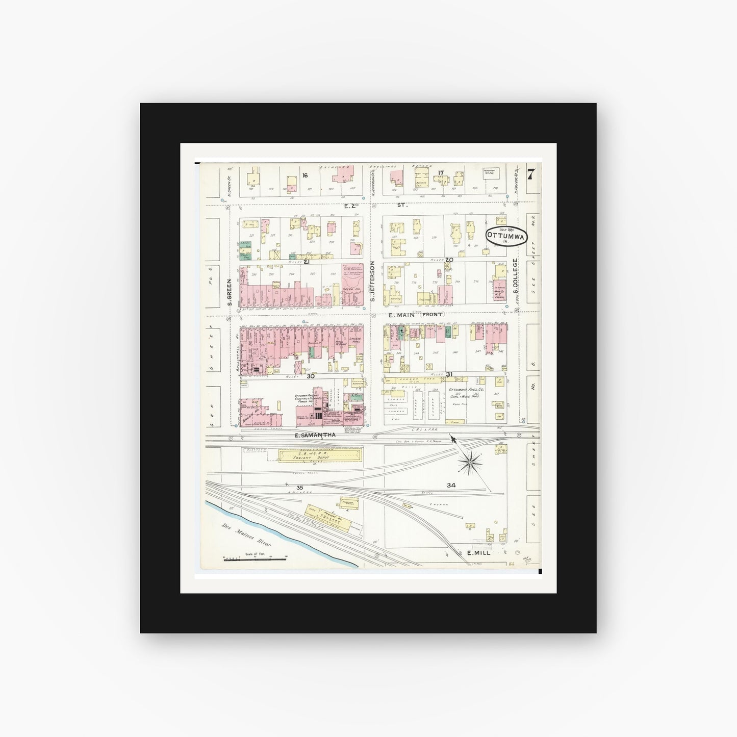 Old map wall art mockup β black gallery frame with white mat β Sanborn Fire Insurance Map from Ottumwa, Wapello County, Iowa (1891), Sheet #0007