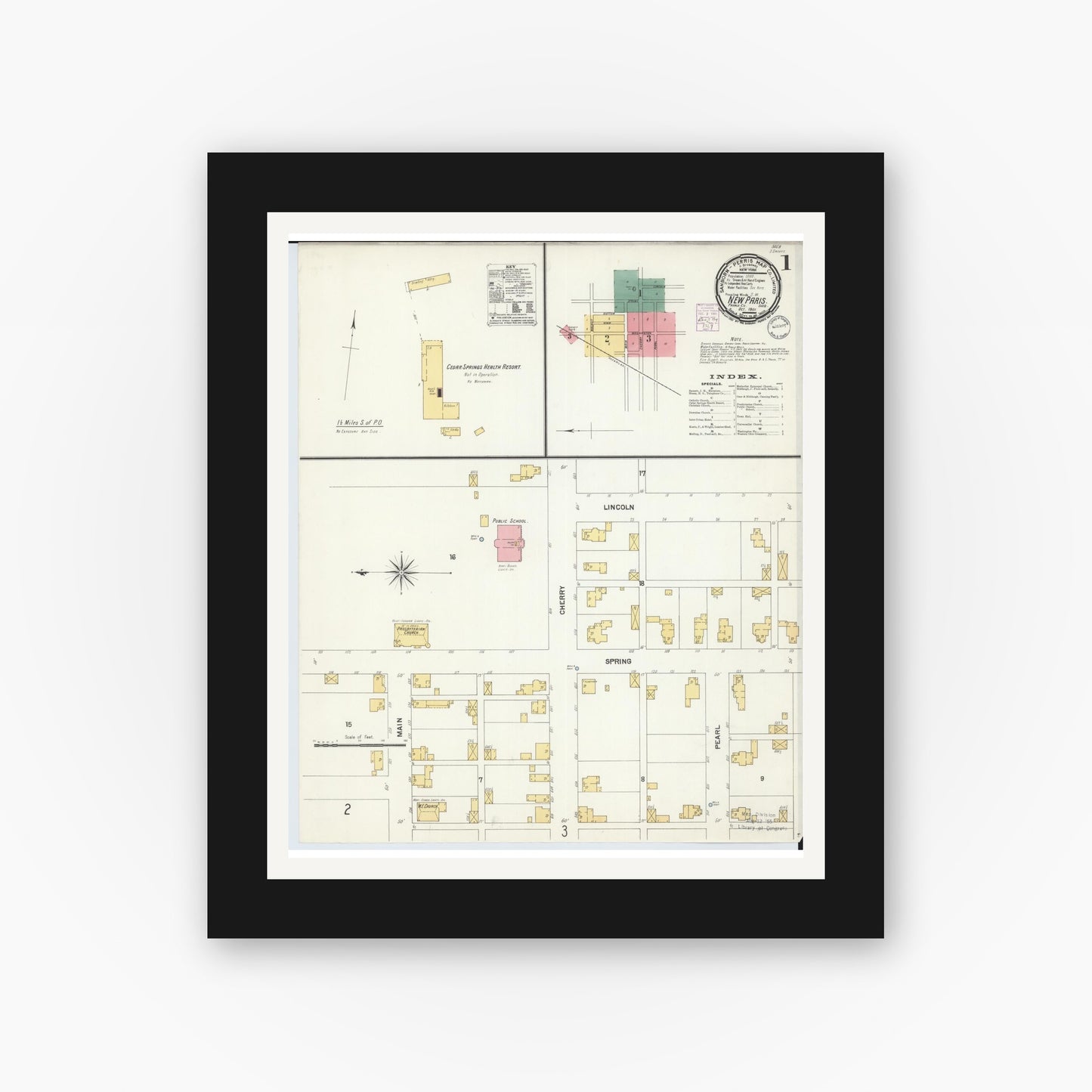 Old map wall art mockup β black gallery frame with white mat β Sanborn Fire Insurance Map from New Paris, Preble County, Ohio (1901) - Complete Map Set