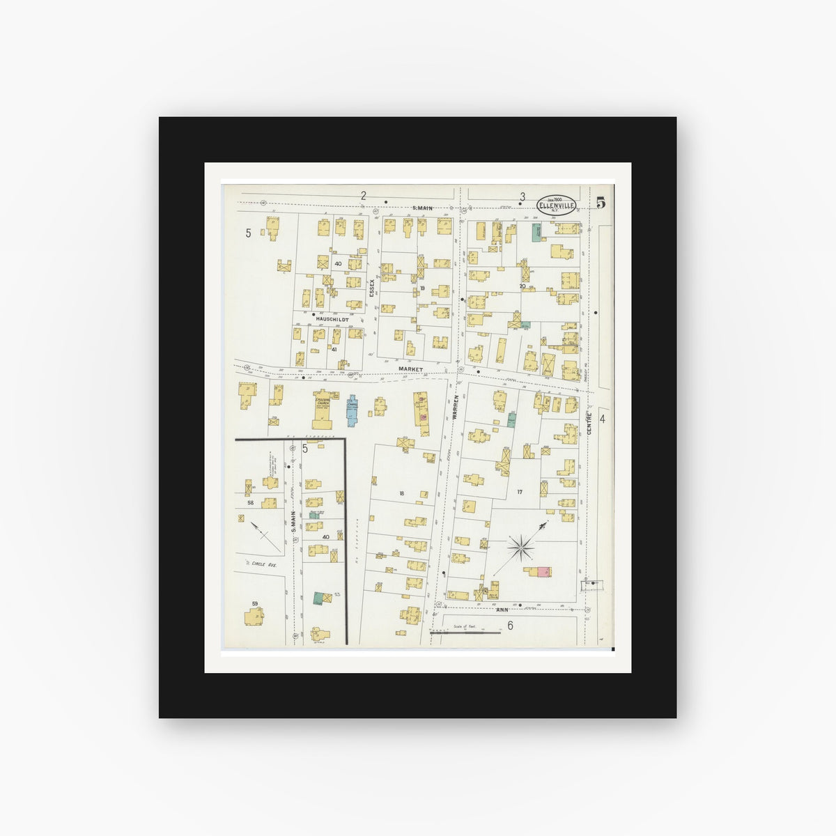 Old map wall art mockup — black gallery frame with white mat — Sanborn Fire Insurance Map from Ellenville, Ulster County, New York (1900), Sheet #0005