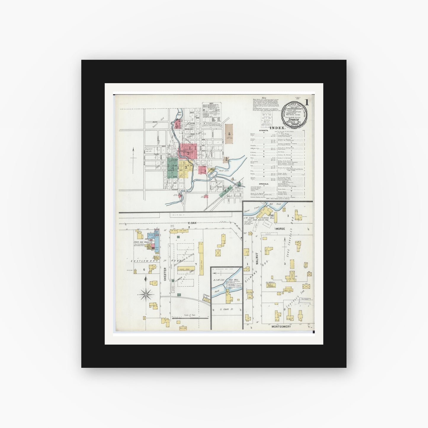 Old map wall art mockup — black gallery frame with white mat — Sanborn Fire Insurance Map from Sparta, Monroe County, Wisconsin (1900), Sheet #0001
