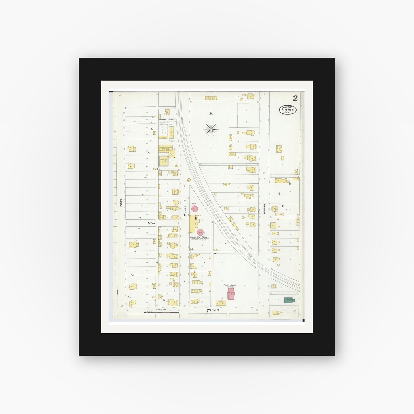 Old map wall art mockup — black gallery frame with white mat — Sanborn Fire Insurance Map from Bremen, Fairfield County, Ohio (1909), Sheet #0002