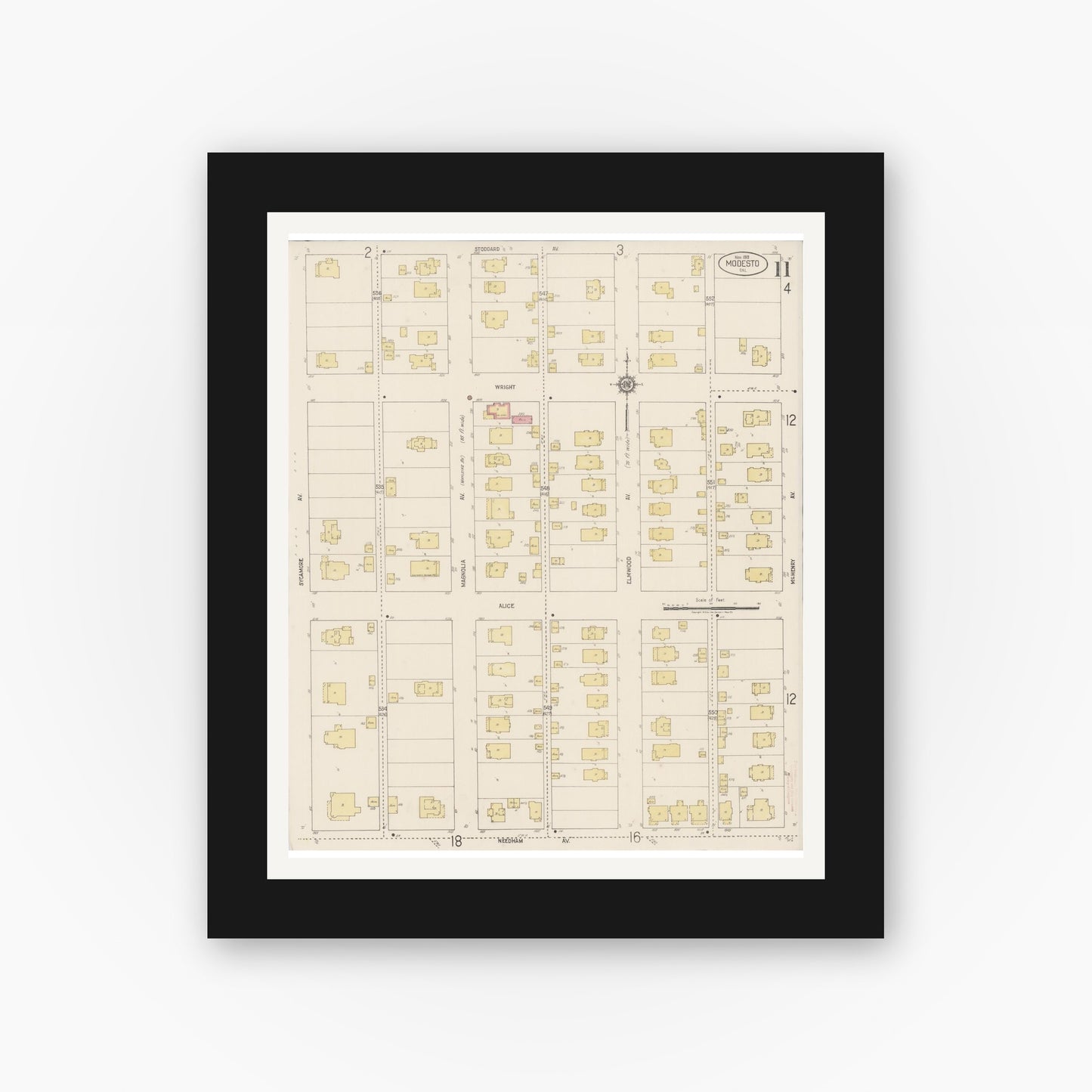 Old map wall art mockup — black gallery frame with white mat — Sanborn Fire Insurance Map from Modesto, Stanislaus County, California (1919), Sheet #0011