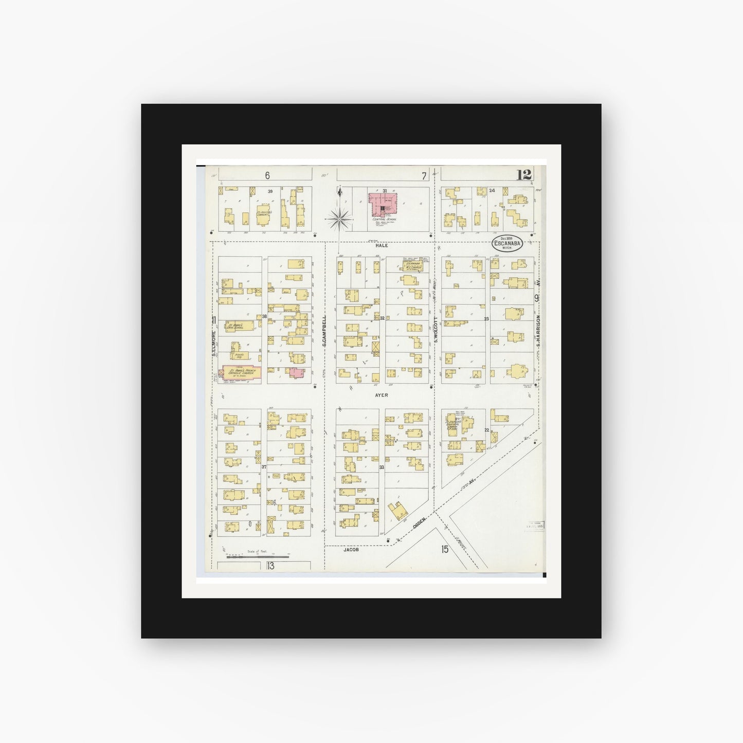Old map wall art mockup — black gallery frame with white mat — Sanborn Fire Insurance Map from Escanaba, Delta County, Michigan (1899), Sheet #0012