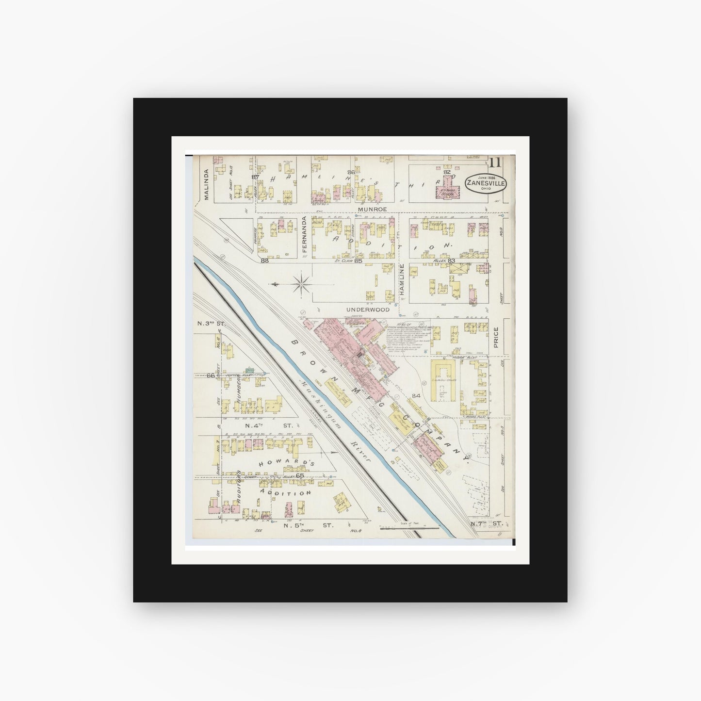 Old map wall art mockup — black gallery frame with white mat — Sanborn Fire Insurance Map from Zanesville, Muskingum County, Ohio (1886), Sheet #0011