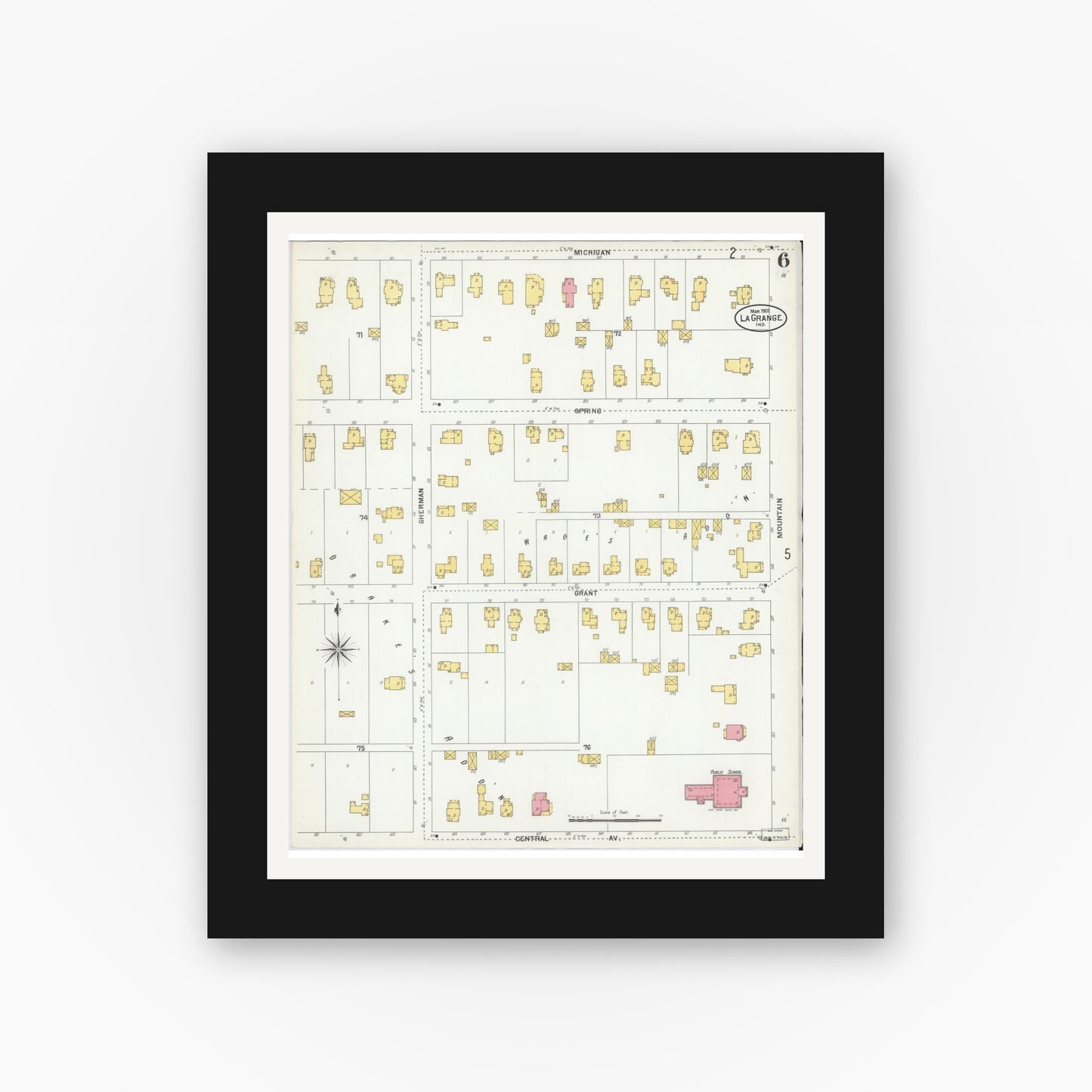 Old map wall art mockup — black gallery frame with white mat — Sanborn Fire Insurance Map from Lagrange, LaGrange County, Indiana (1901), Sheet #0006