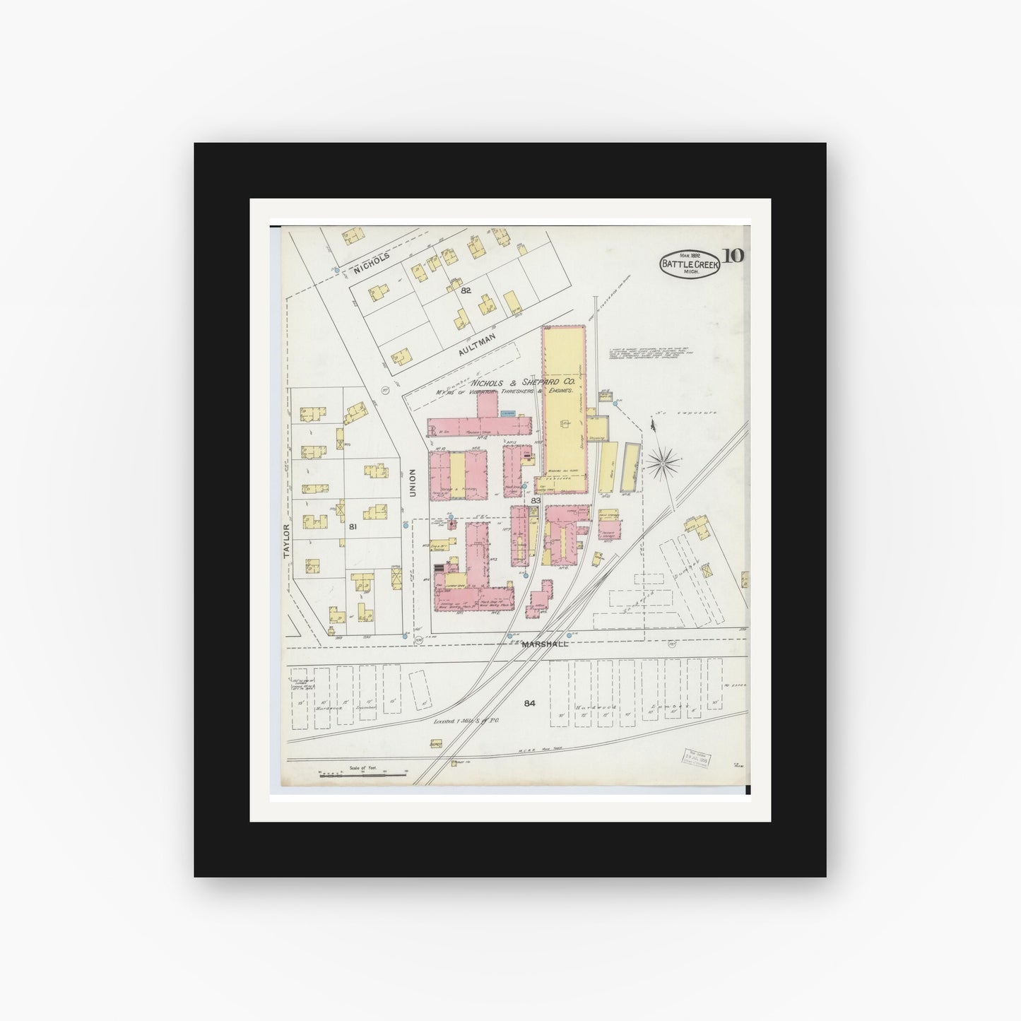 Old map wall art mockup — black gallery frame with white mat — Sanborn Fire Insurance Map from Battle Creek, Calhoun County, Michigan (1892), Sheet #0010