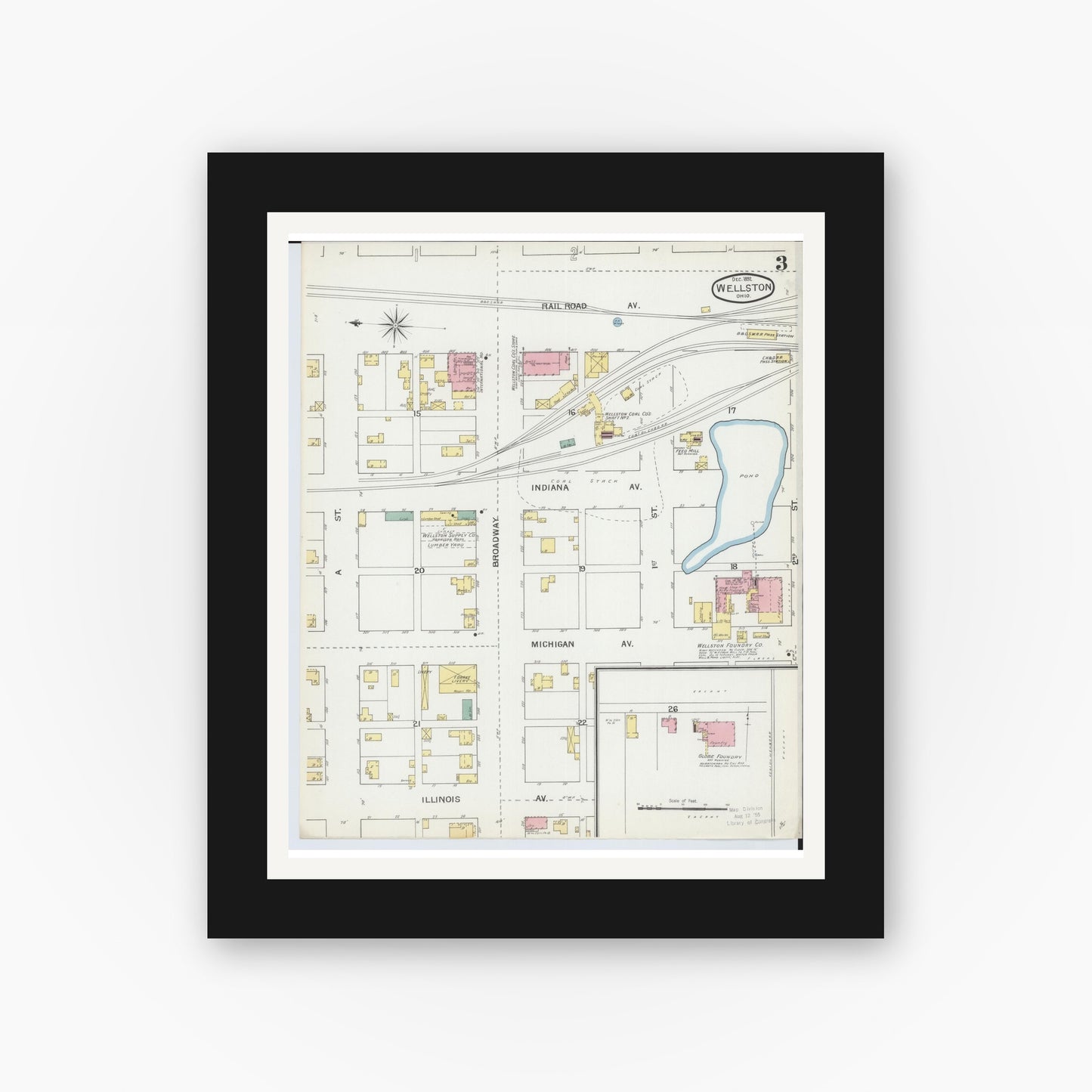 Old map wall art mockup — black gallery frame with white mat — Sanborn Fire Insurance Map from Wellston, Jackson County, Ohio (1892), Sheet #0003
