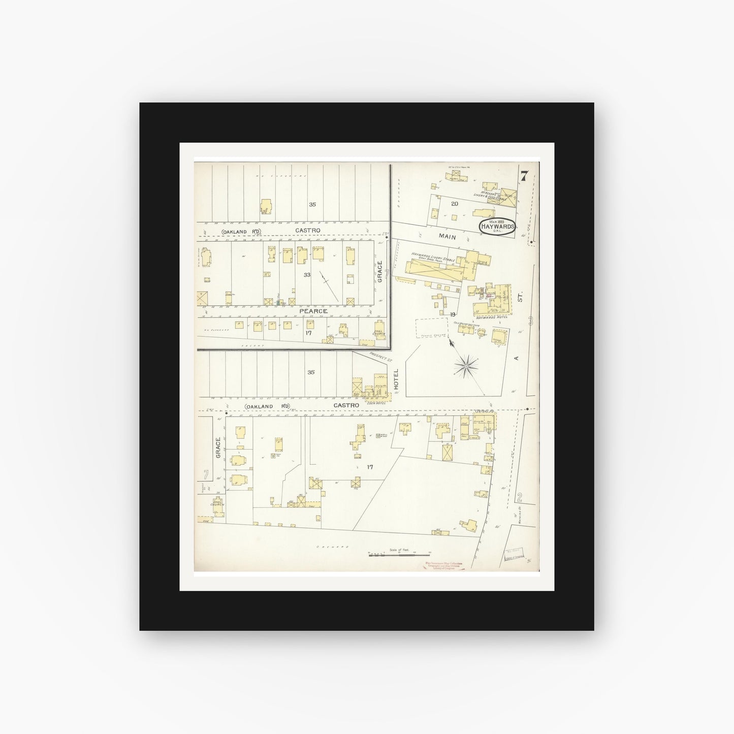 Old map wall art mockup — black gallery frame with white mat — Sanborn Fire Insurance Map from Hayward, Alameda County, California (1893), Sheet #0007