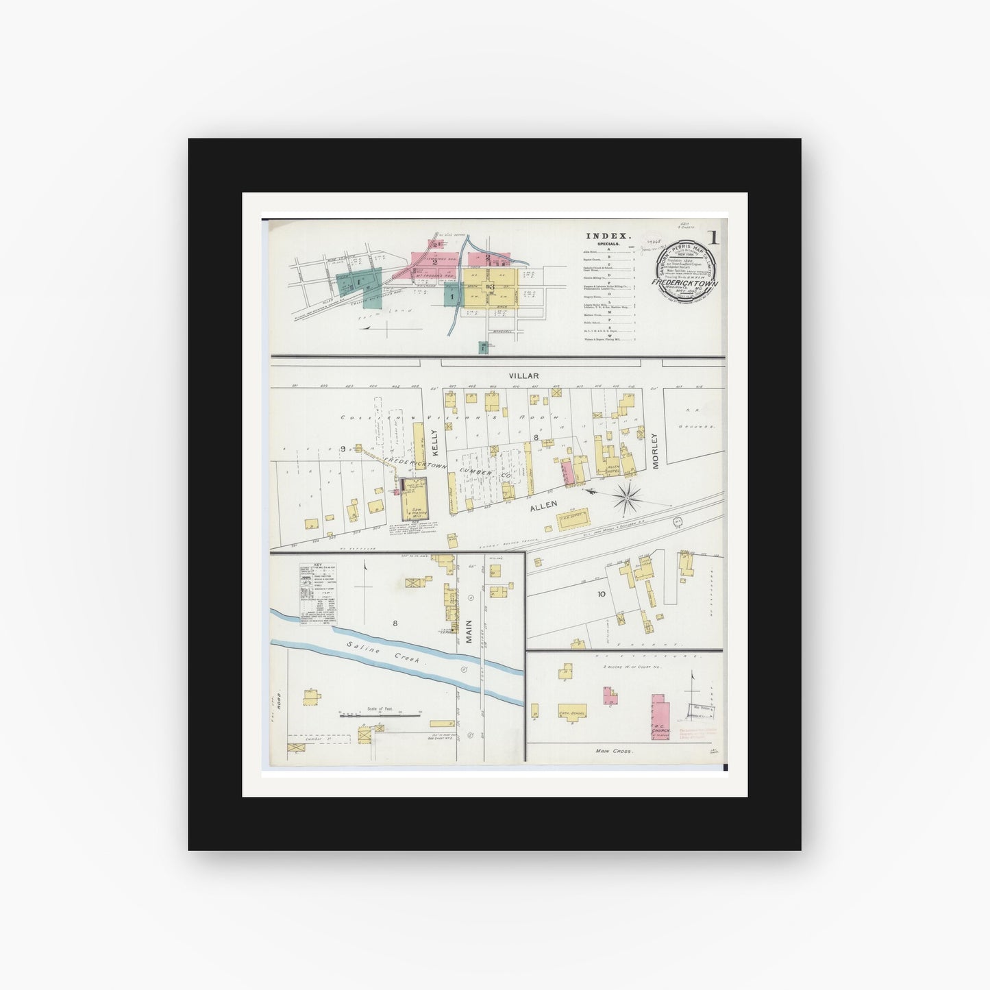 Old map wall art mockup — black gallery frame with white mat — Sanborn Fire Insurance Map from Fredericktown, Madison County, Missouri (1893) - Complete Map Set