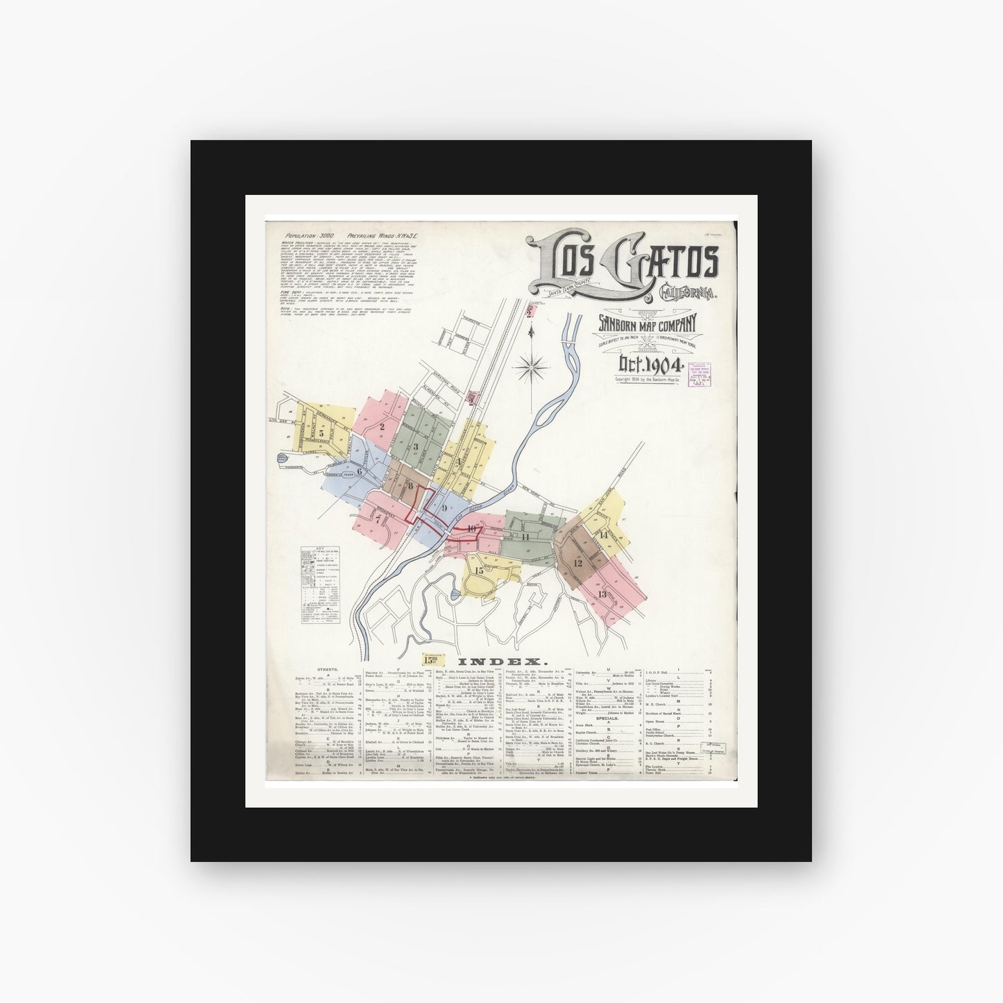 Old map wall art mockup — black gallery frame with white mat — Sanborn Fire Insurance Map from Los Gatos, Santa Clara County, California (1904) - Complete Map Set