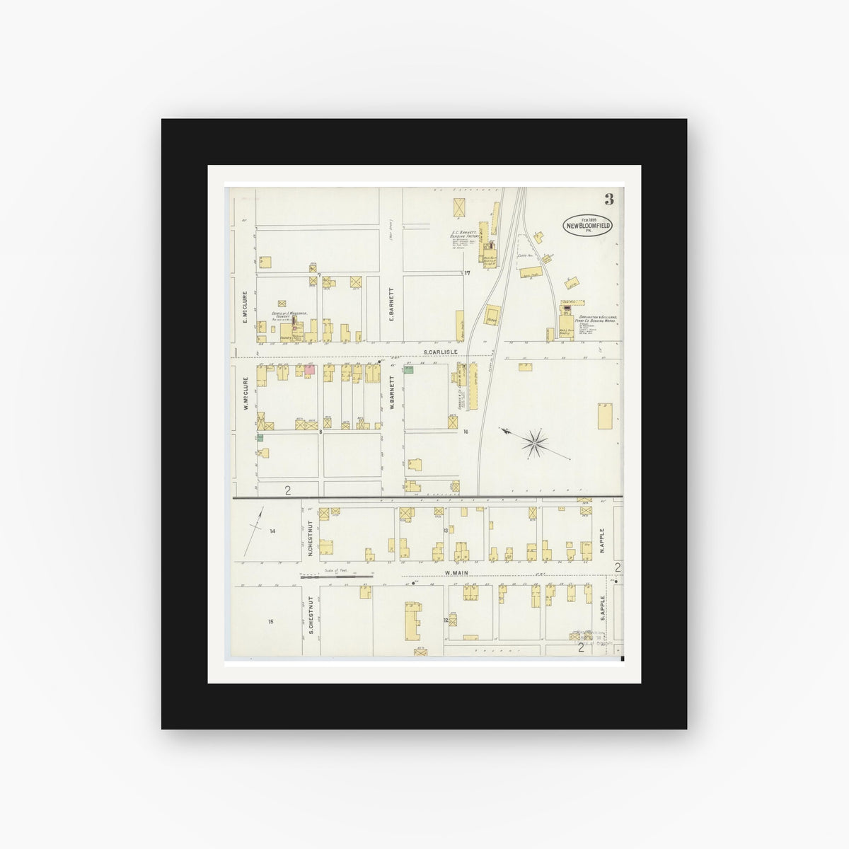 Old map wall art mockup β black gallery frame with white mat β Sanborn Fire Insurance Map from New Bloomfield, Perry County, Pennsylvania (1899), Sheet #0003