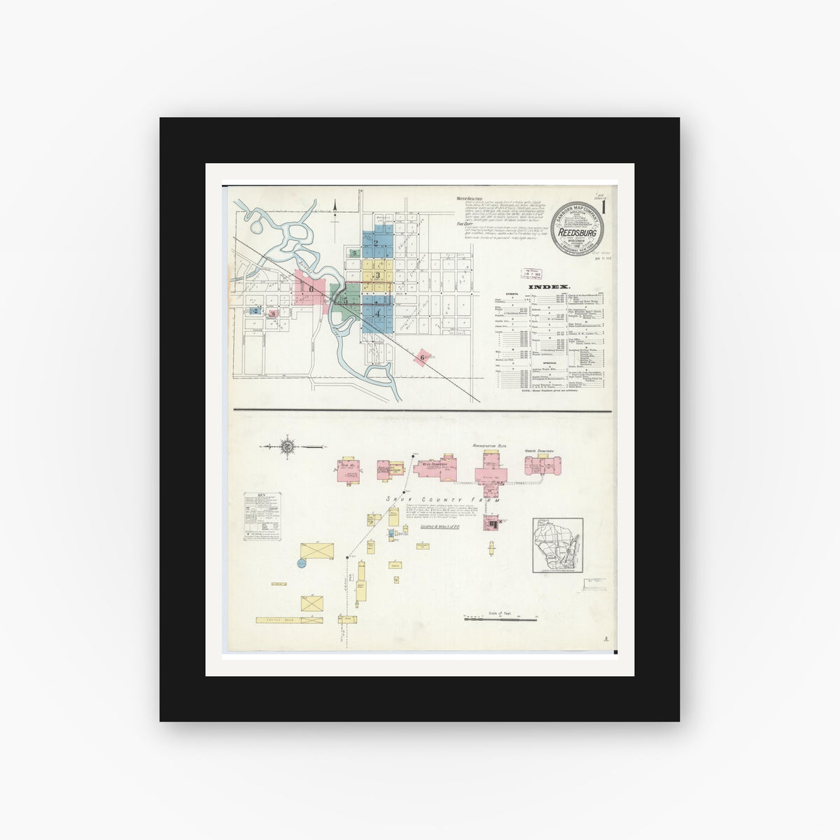 Old map wall art mockup — black gallery frame with white mat — Sanborn Fire Insurance Map from Reedsburg, Sauk County, Wisconsin (1912) - Complete Map Set