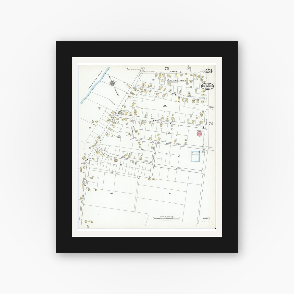 Old map wall art mockup — black gallery frame with white mat — Sanborn Fire Insurance Map from Clinton, Worcester County, Massachusetts (1919), Sheet #0023