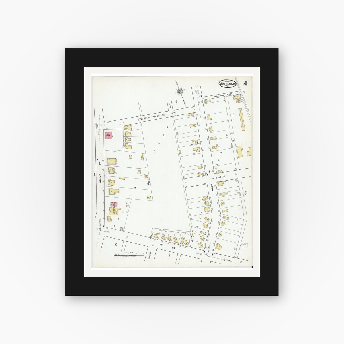 Old map wall art mockup — black gallery frame with white mat — Sanborn Fire Insurance Map from Waynesboro, Independent Cities, Virginia (1920), Sheet #0004