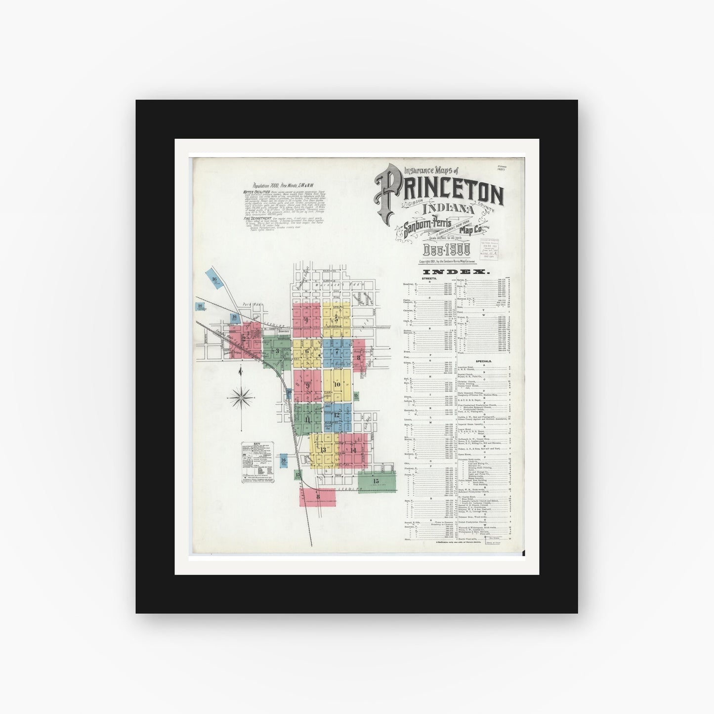 Old map wall art mockup — black gallery frame with white mat — Sanborn Fire Insurance Map from Princeton, Gibson County, Indiana (1900), Sheet #0001