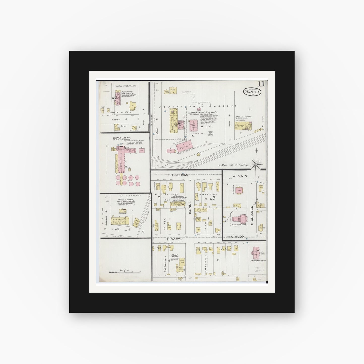Old map wall art mockup — black gallery frame with white mat — Sanborn Fire Insurance Map from Decatur, Macon County, Illinois (1887), Sheet #0011