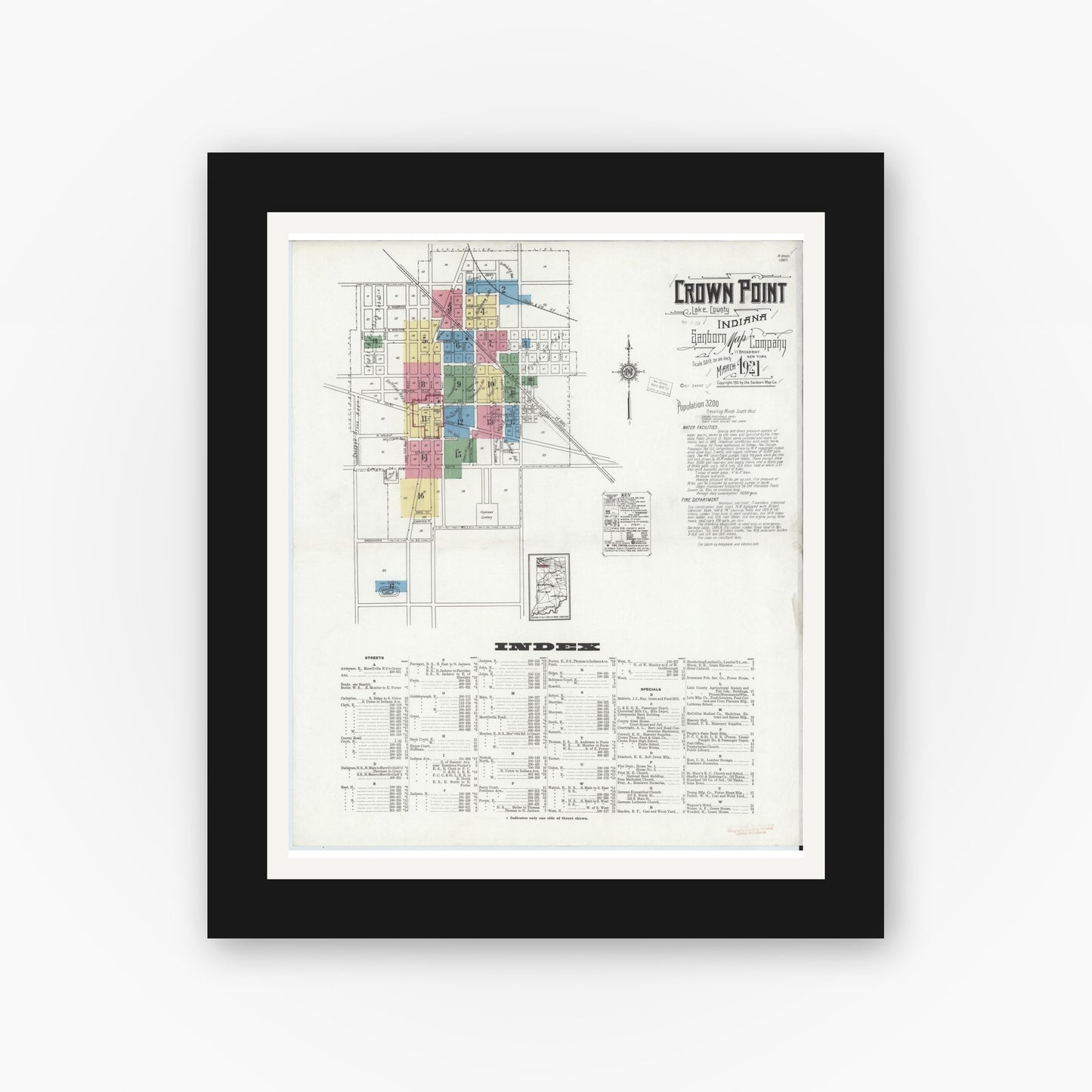 Old map wall art mockup — black gallery frame with white mat — Sanborn Fire Insurance Map from Crown Point, Lake County, Indiana (1921), Sheet #0001