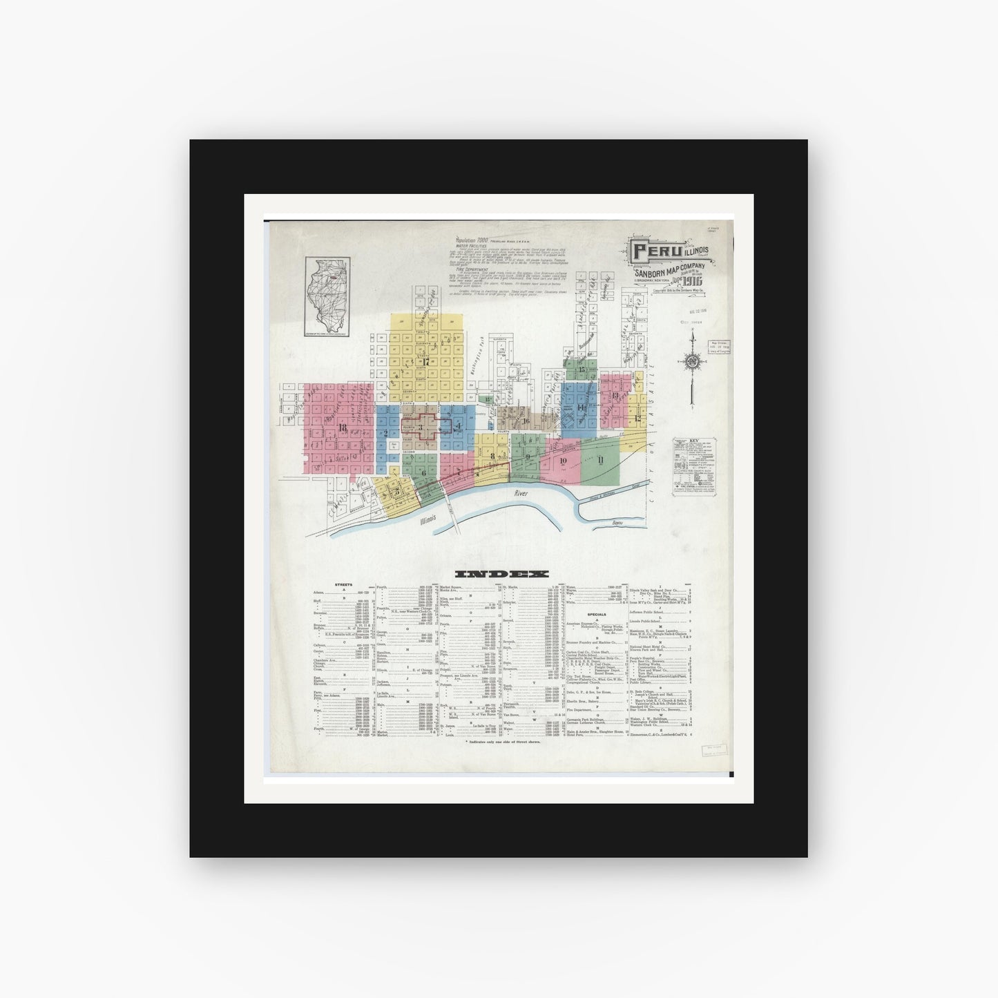 Old map wall art mockup — black gallery frame with white mat — Sanborn Fire Insurance Map from Peru, La Salle County, Illinois (1916) - Complete Map Set