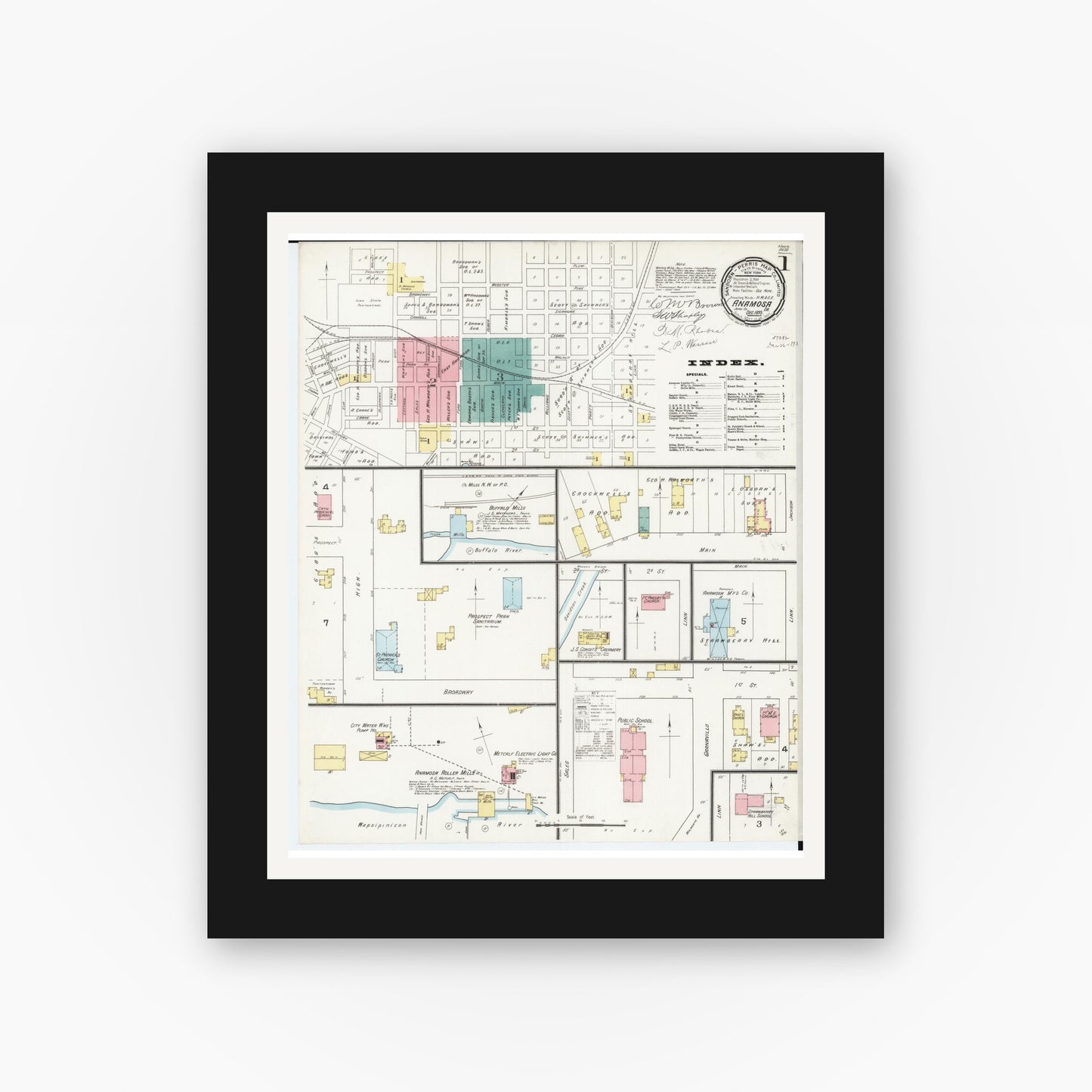 Old map wall art mockup — black gallery frame with white mat — Sanborn Fire Insurance Map from Anamosa, Jones County, Iowa (1893) — Complete Set