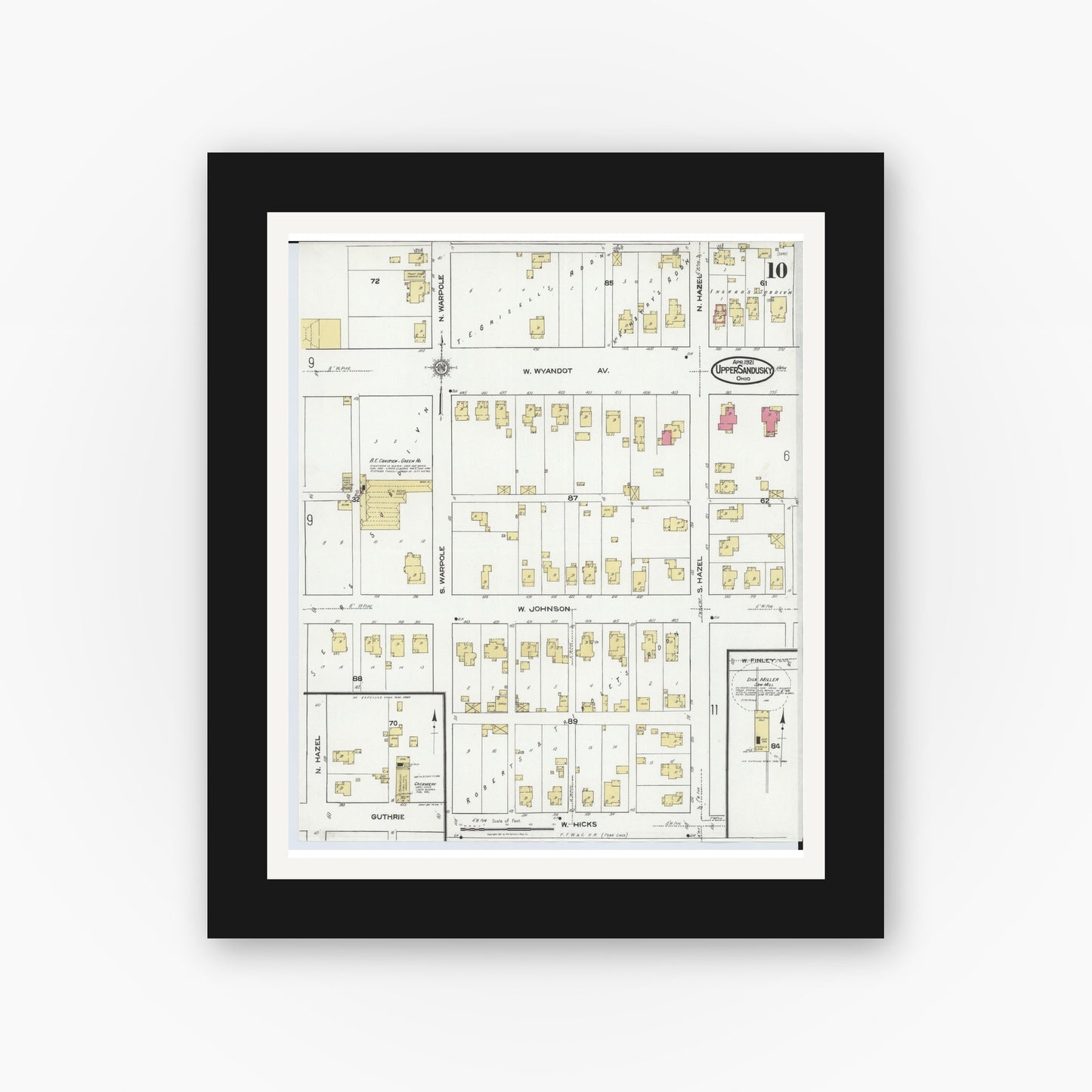 Old map wall art mockup — black gallery frame with white mat — Sanborn Fire Insurance Map from Upper Sandusky, Wyandot County, Ohio (1921), Sheet #0010