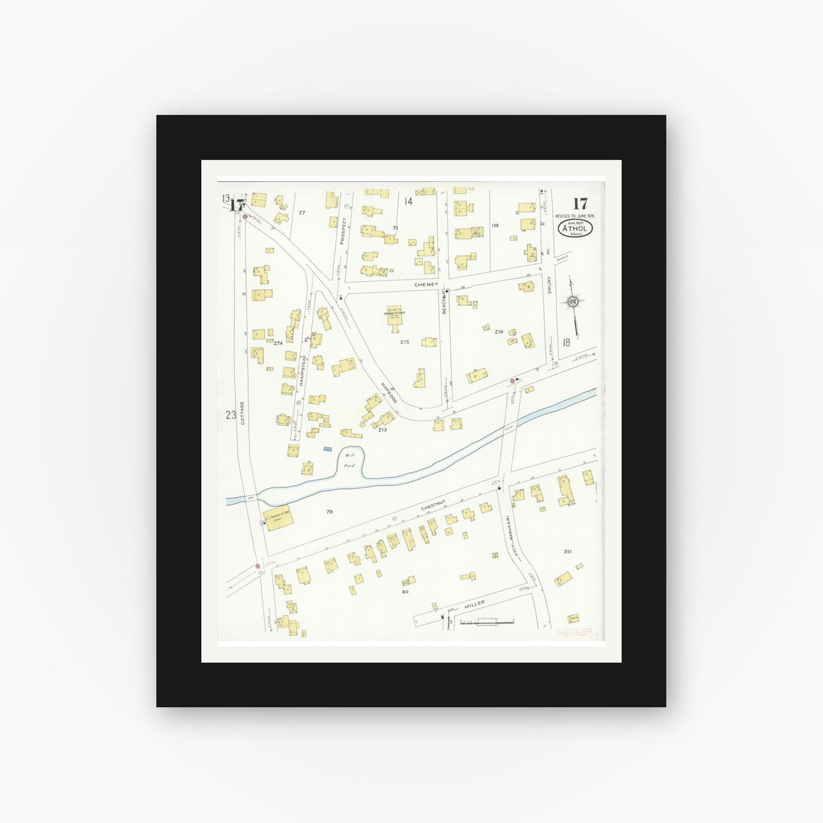 Old map wall art mockup — black gallery frame with white mat — Sanborn Fire Insurance Map from Athol, Worcester County, Massachusetts (1936), Sheet #0017