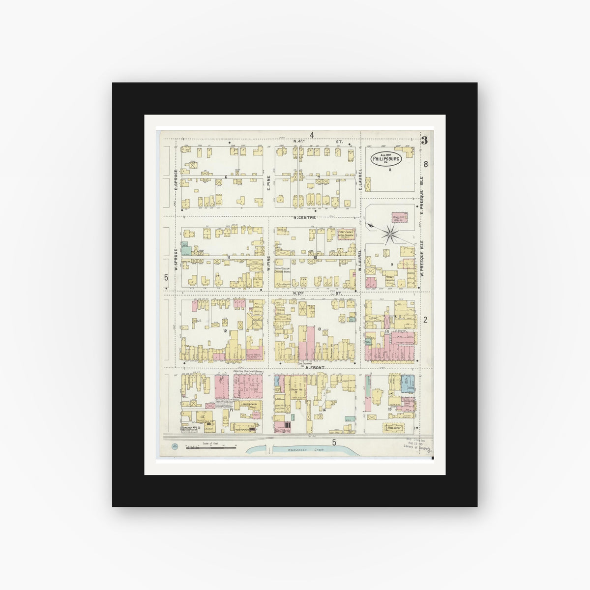 Old map wall art mockup — black gallery frame with white mat — Sanborn Fire Insurance Map from Philipsburg, Centre County, Pennsylvania (1897), Sheet #0003
