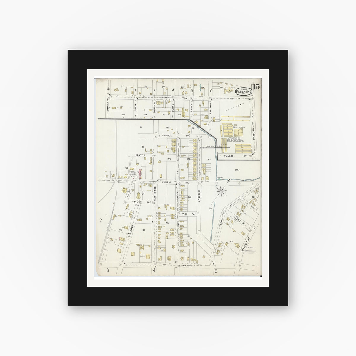 Old map wall art mockup — black gallery frame with white mat — Sanborn Fire Insurance Map from Flushing, Queens County, New York (1897), Sheet #0015