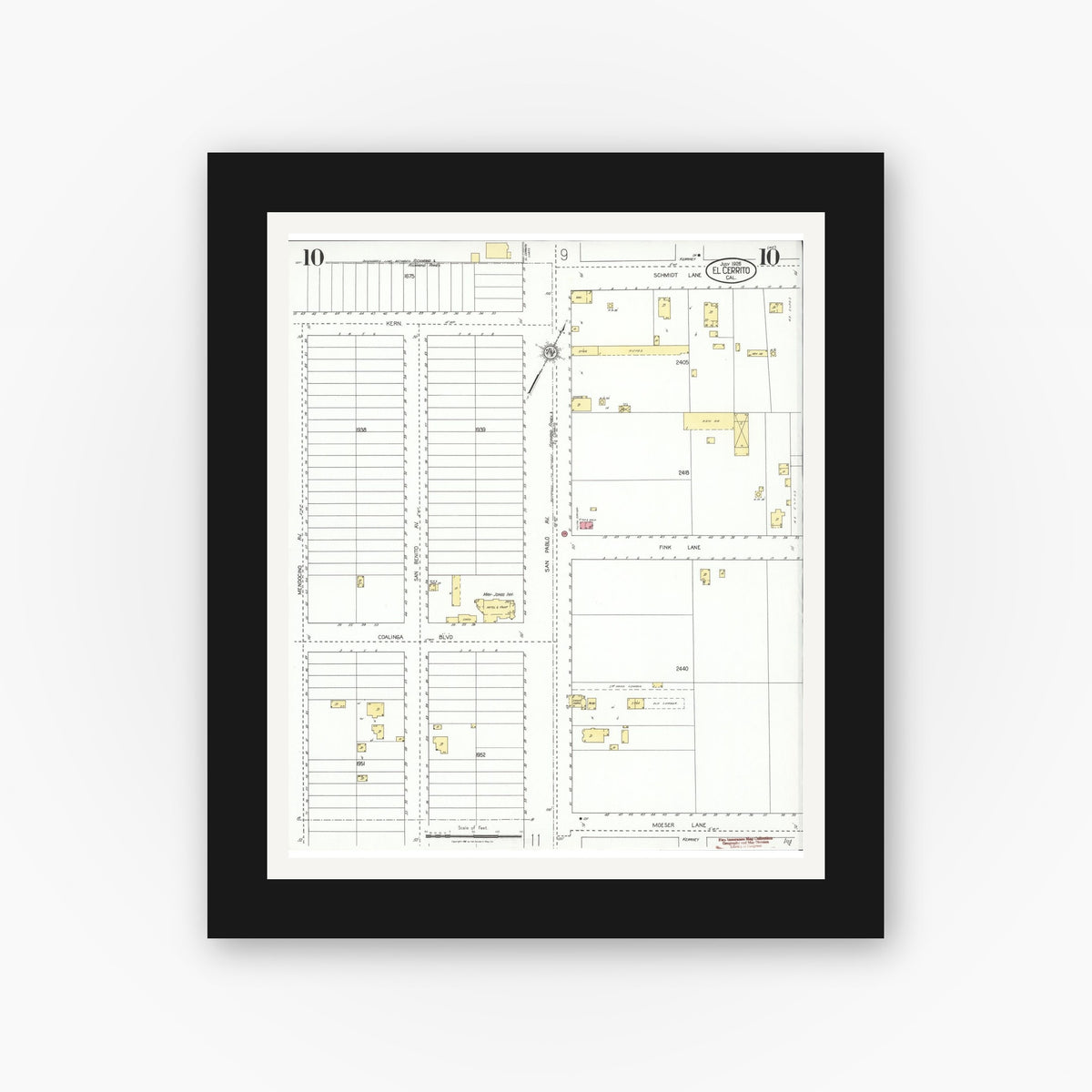 Old map wall art mockup — black gallery frame with white mat — Sanborn Fire Insurance Map from El Cerrito, Contra Costa County, California (1926), Sheet #0010
