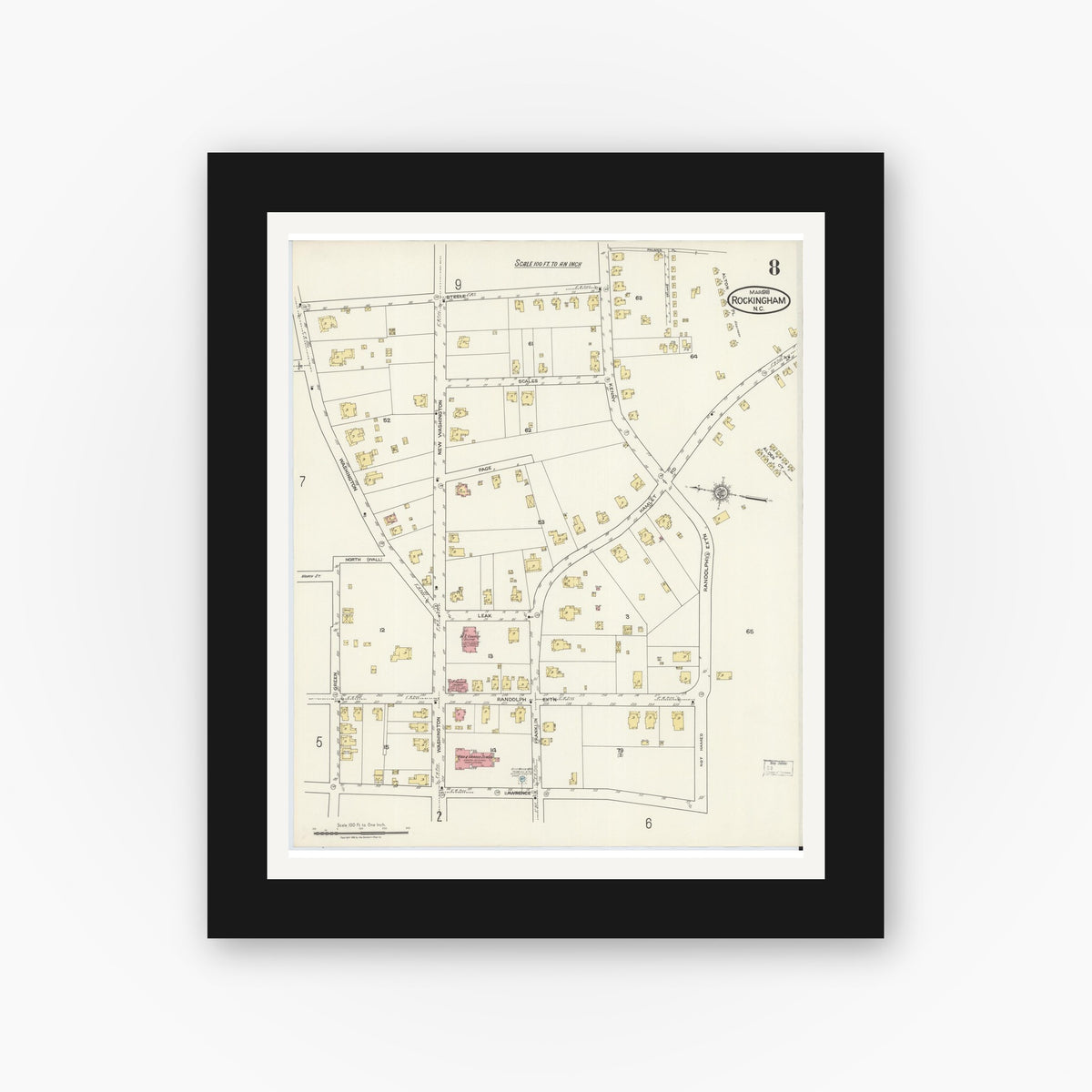 Old map wall art mockup β black gallery frame with white mat β Sanborn Fire Insurance Map from Rockingham, Richmond County, North Carolina (1918), Sheet #0008